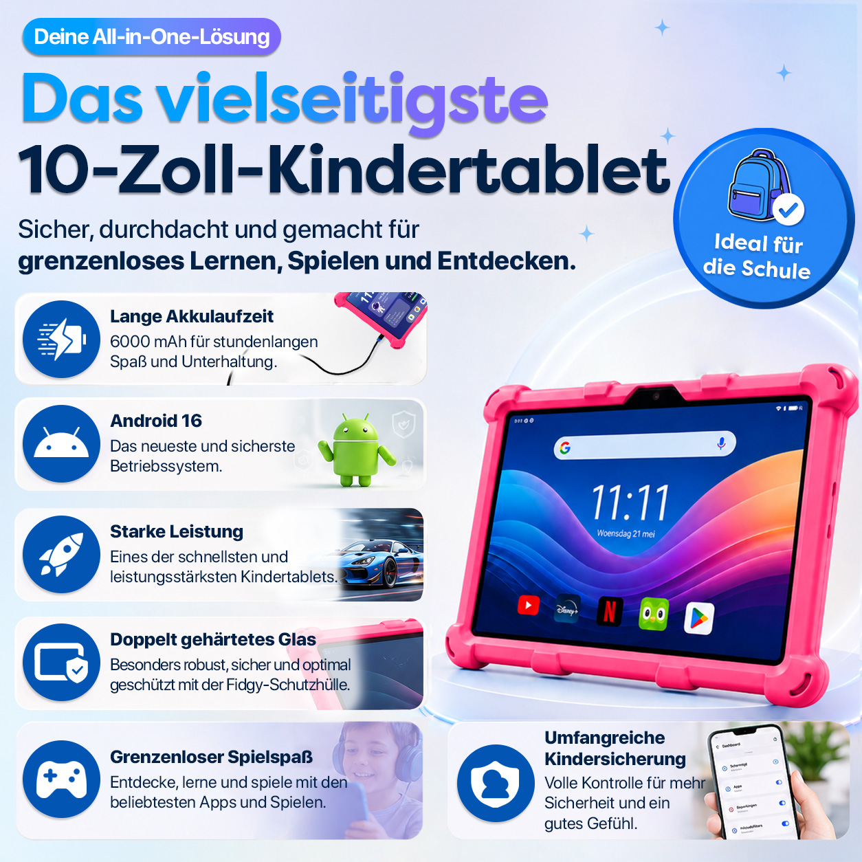 Ein pinkes Kindertablet mit vielen Funktionen: lange Akkulaufzeit, Android 16, starke Leistung.