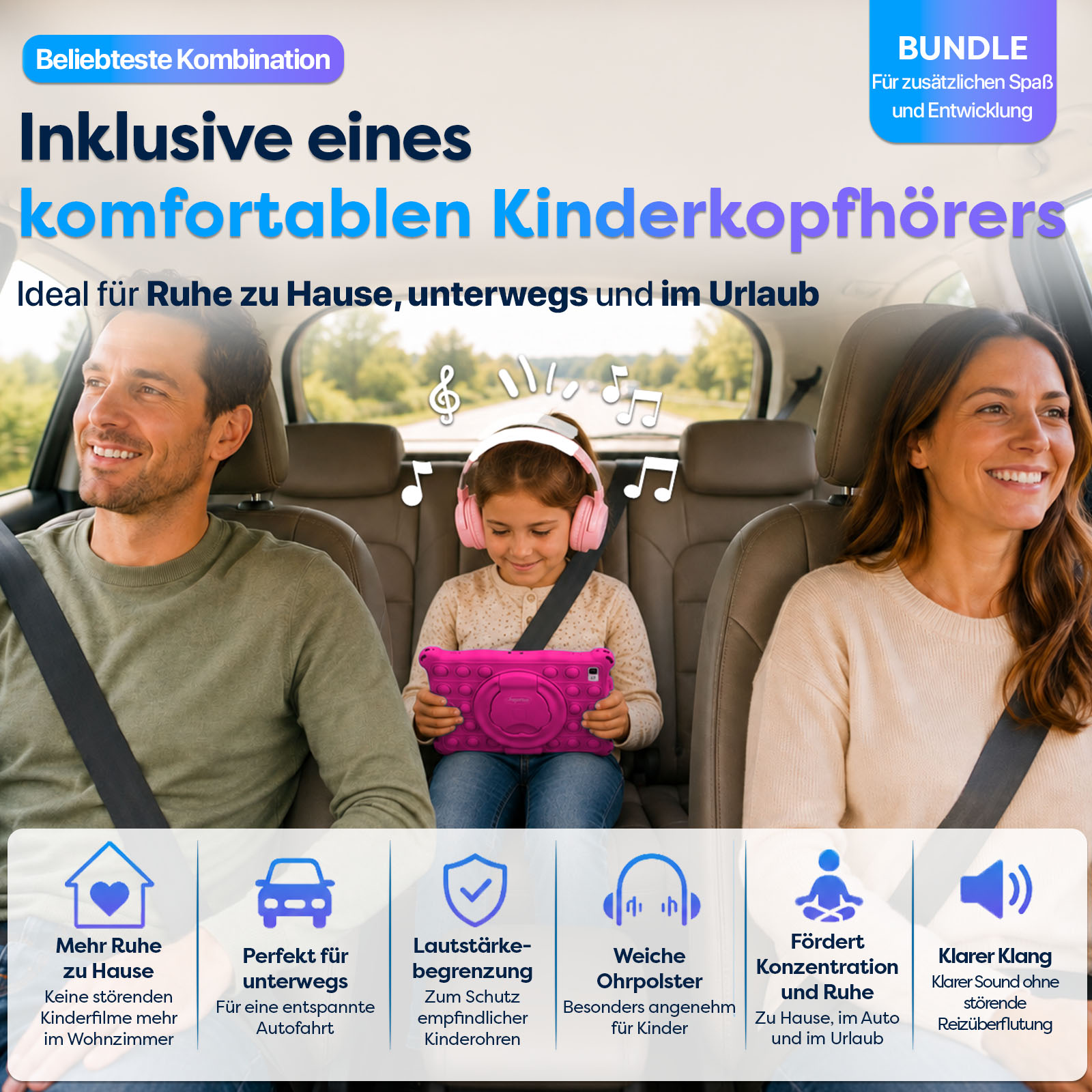 Familie im Auto: Eltern und Kind mit Kopfhörern, Tablet. Text über Kopfhörer.