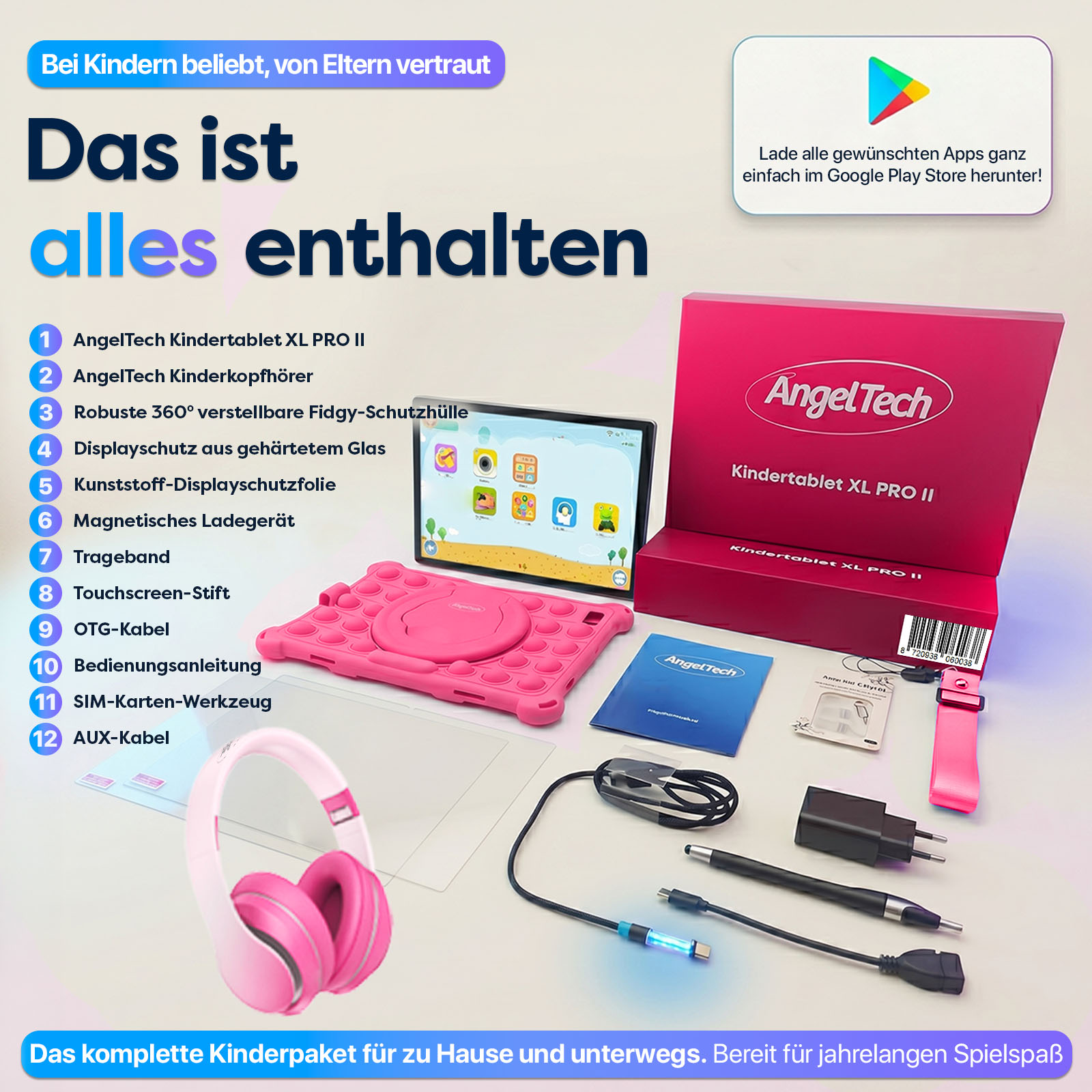 AngelTech Kindertablet XL PRO II, Kopfhörer, Hülle, Stift, Kabel und Ladegerät.