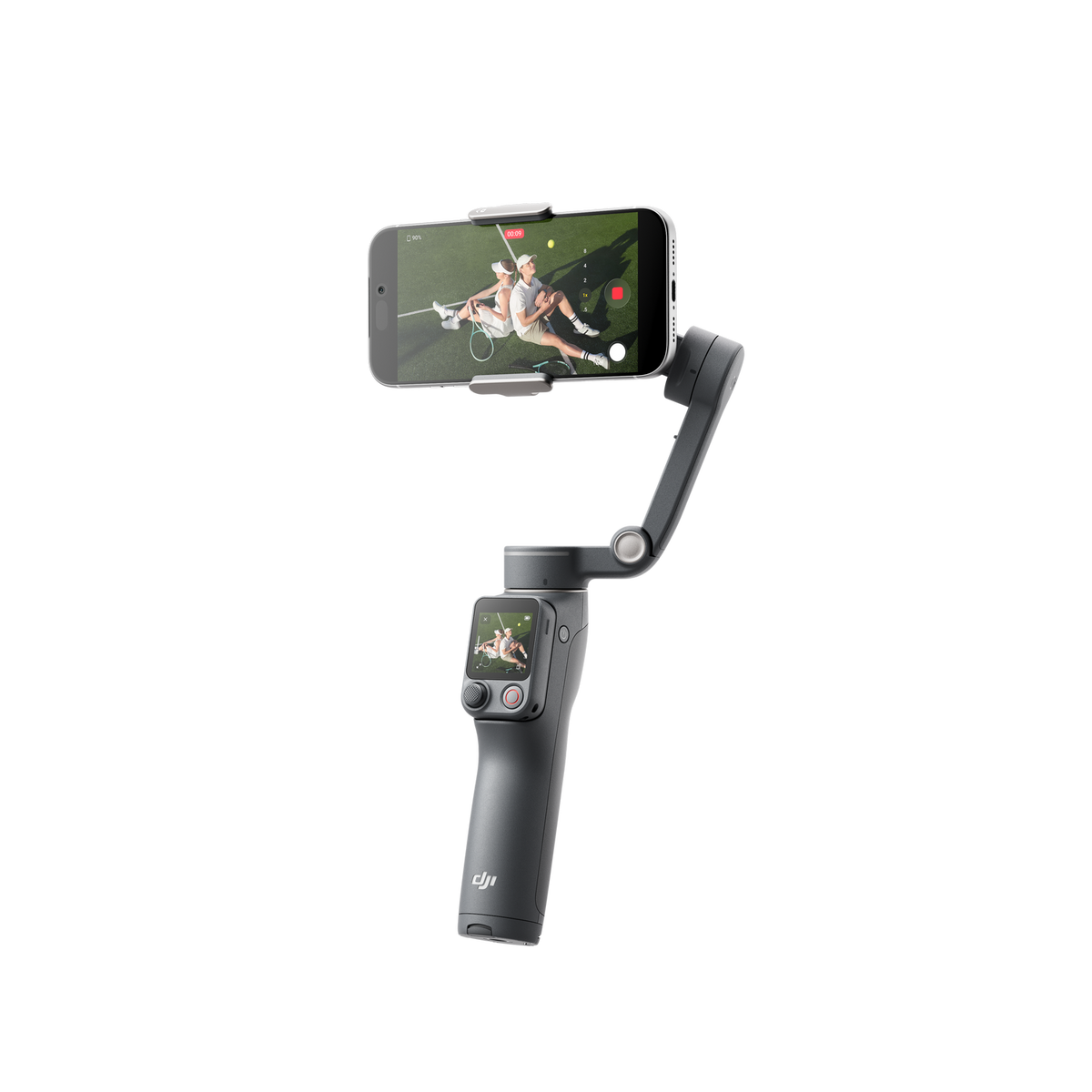 Koyu gri gimbal, tenis oynayan iki kişiyi gösteren bir akıllı telefon tutuyor. Telefon siyah arka planda.