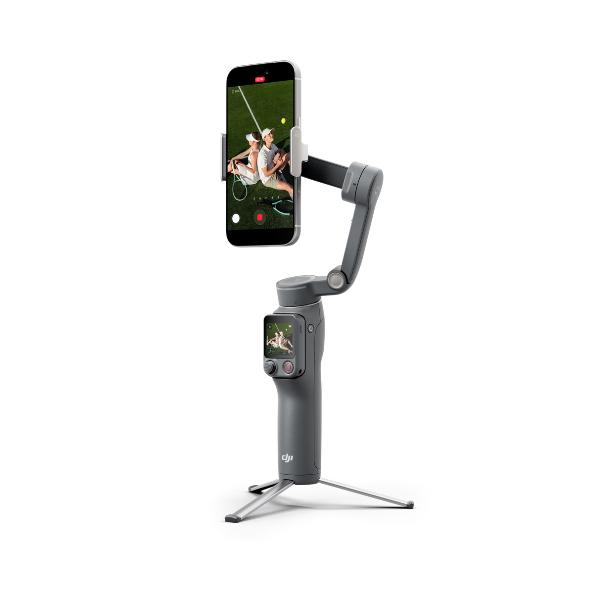 İki tenisçiyi gösteren bir akıllı telefon tutan gri gimbal.