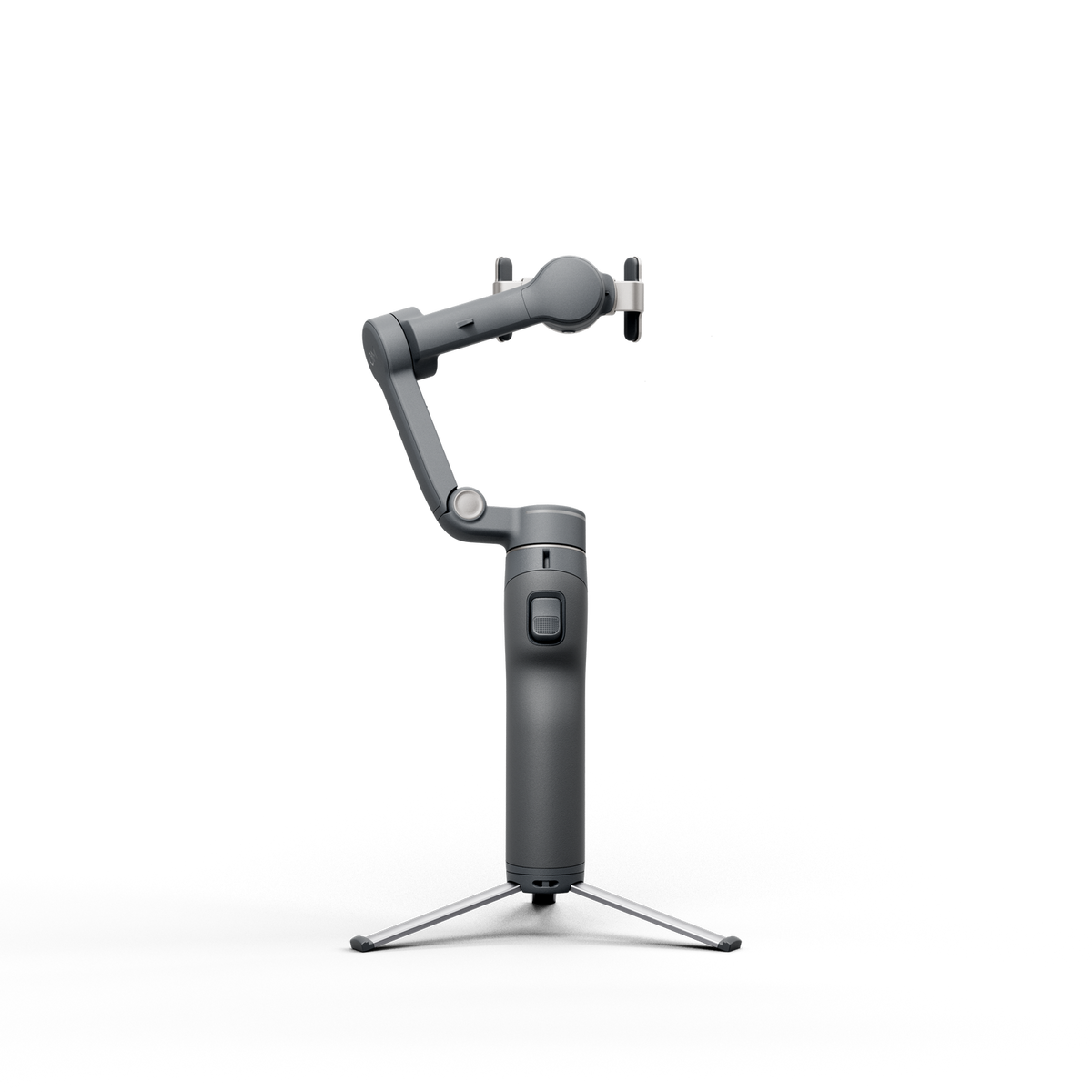 Siyah arka plan üzerinde tripod üzerinde telefon tutuculu gri gimbal.