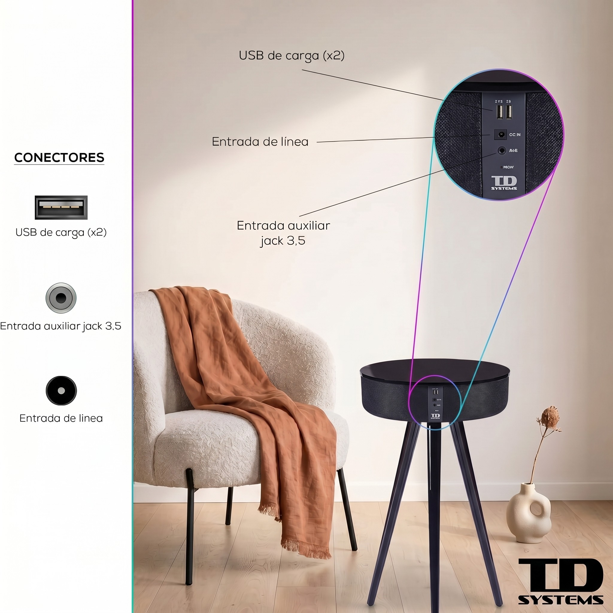 Altavoz negro sobre soporte con detalles de puertos. Sillón con manta al lado.