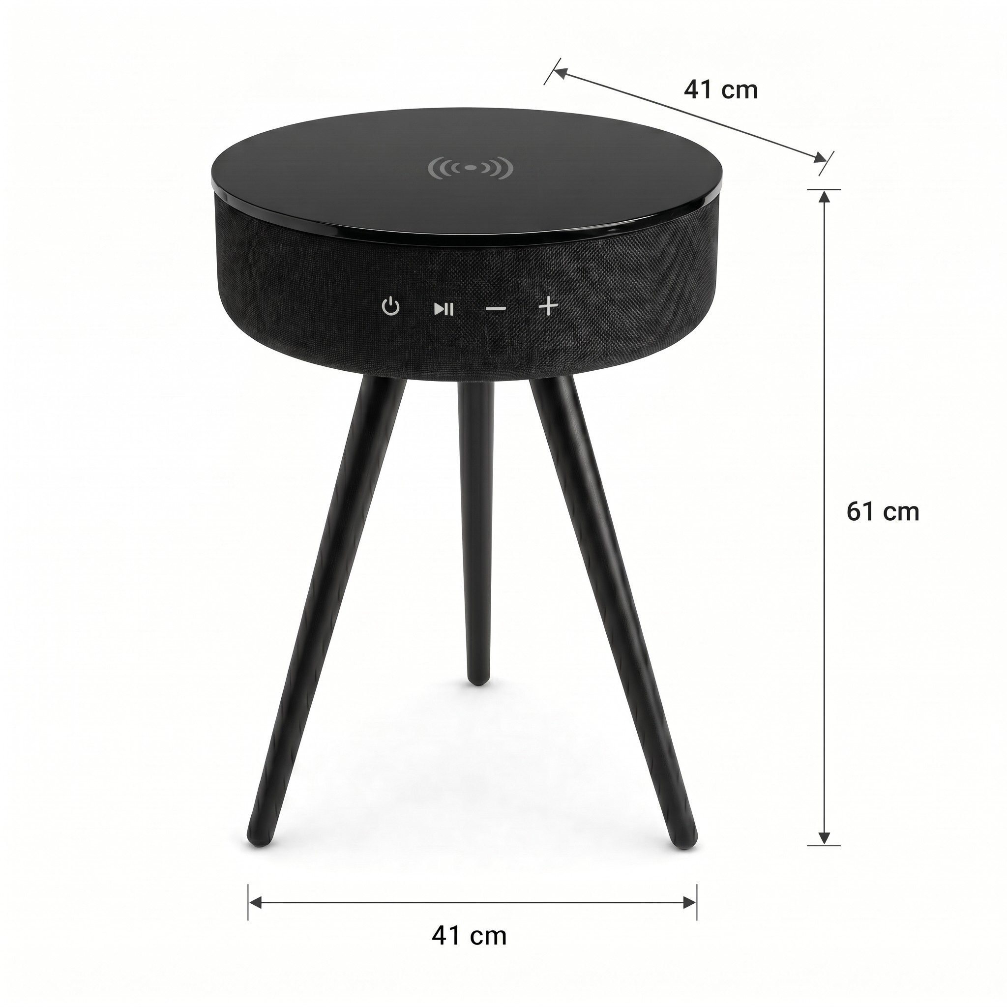 Mesa auxiliar negra con rejilla de altavoz de tela y carga.