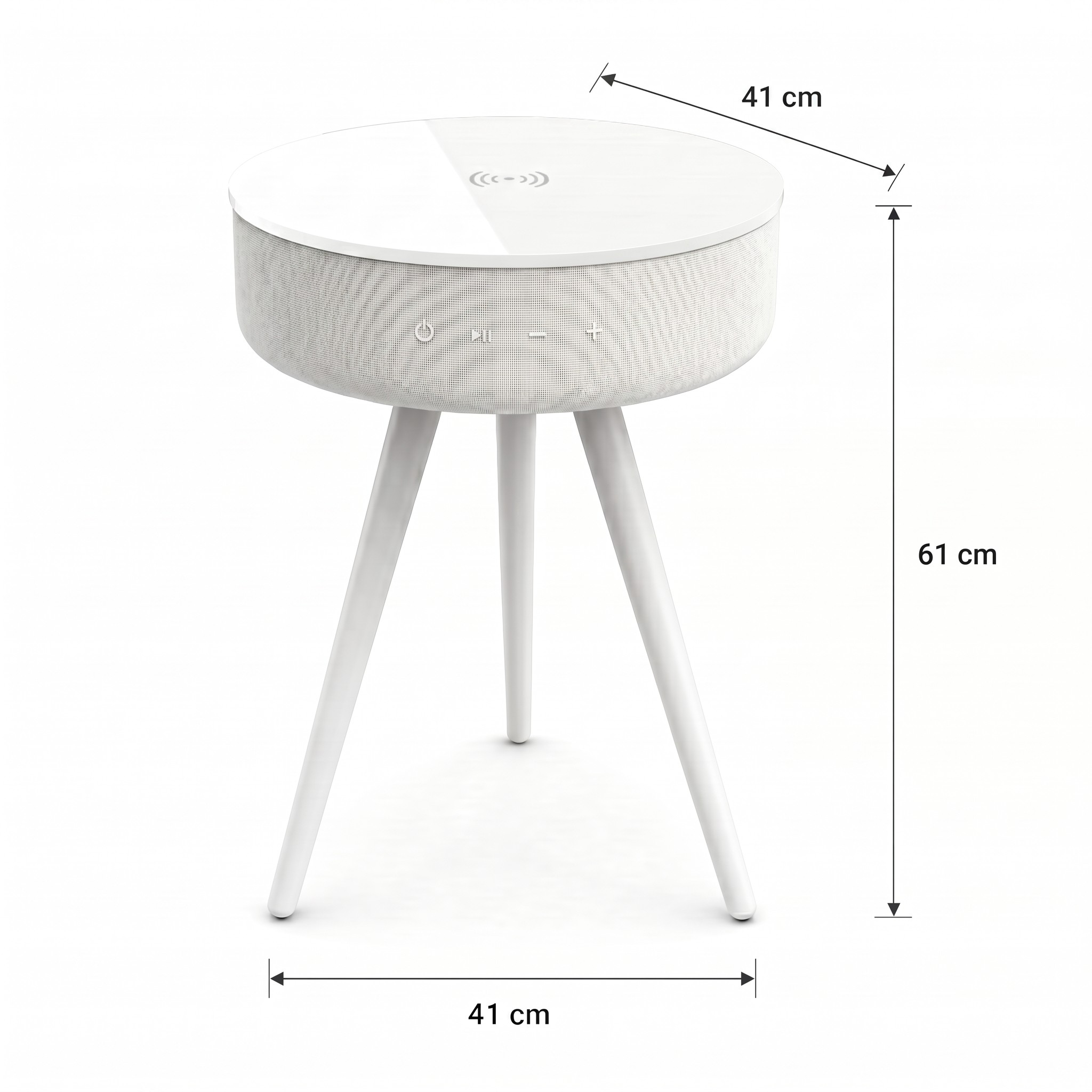 Un altavoz blanco sobre tres patas, mide 41x61 cm.