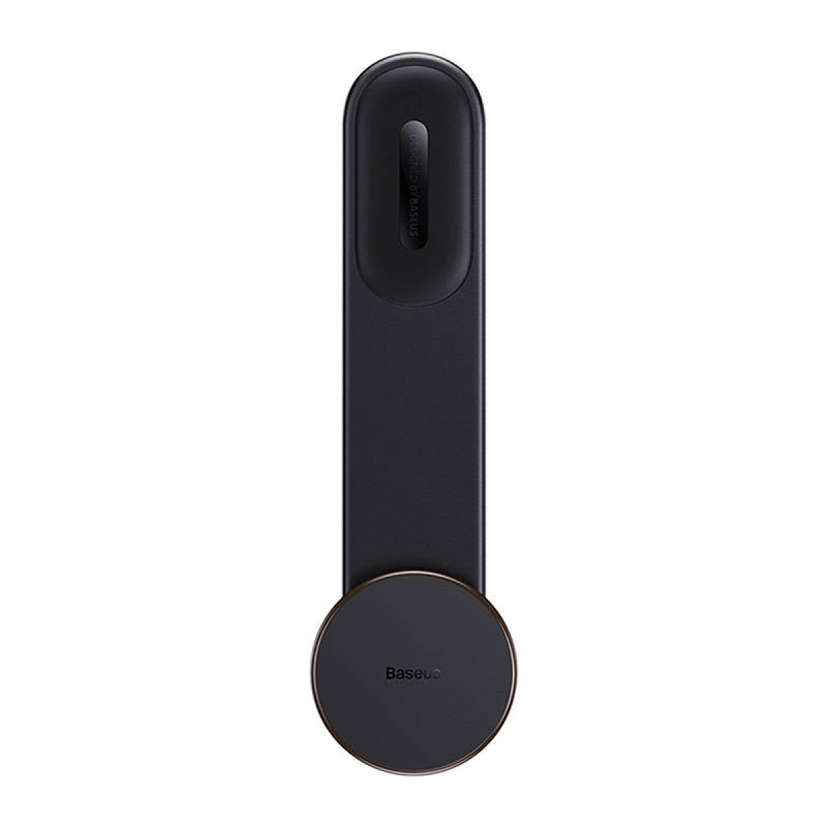 Un supporto magnetico nero per telefono con base rotonda e braccio lungo.