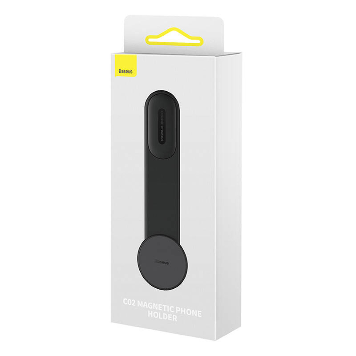 Confezione di un supporto magnetico per telefono Baseus nero su sfondo bianco.