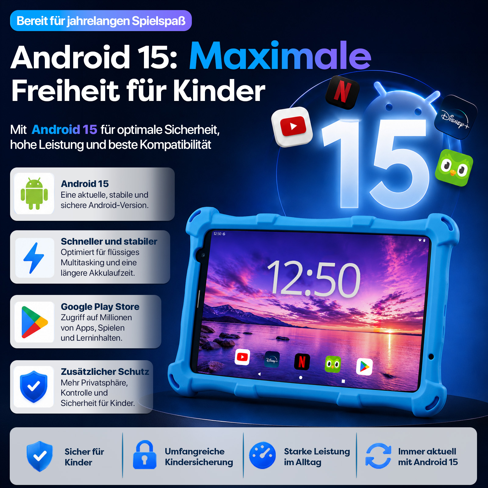 Tablet mit Android 15, Apps und Schutzfunktionen.