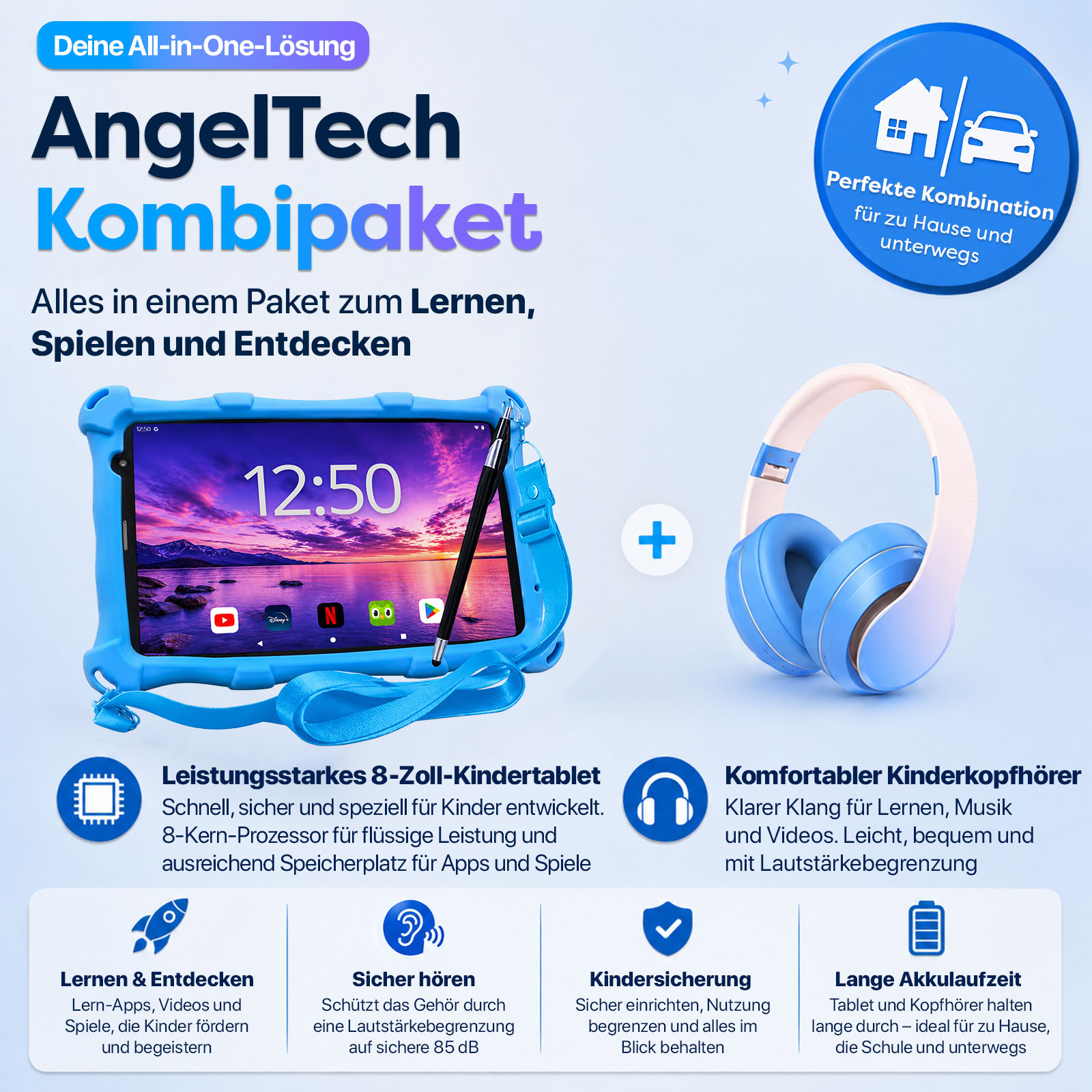Ein blaues Tablet mit Stift und blaue Kopfhörer liegen nebeneinander.