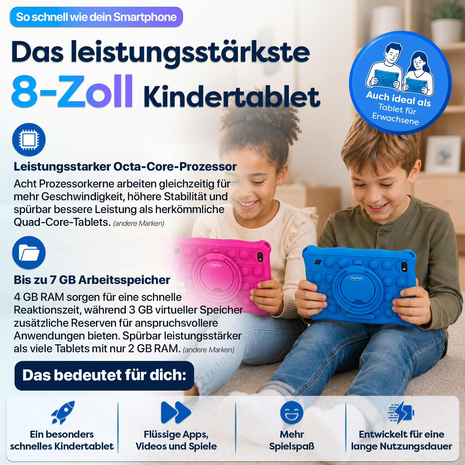 Zwei Kinder halten Tablets. Ein Junge hält ein blaues, ein Mädchen ein pinkes.