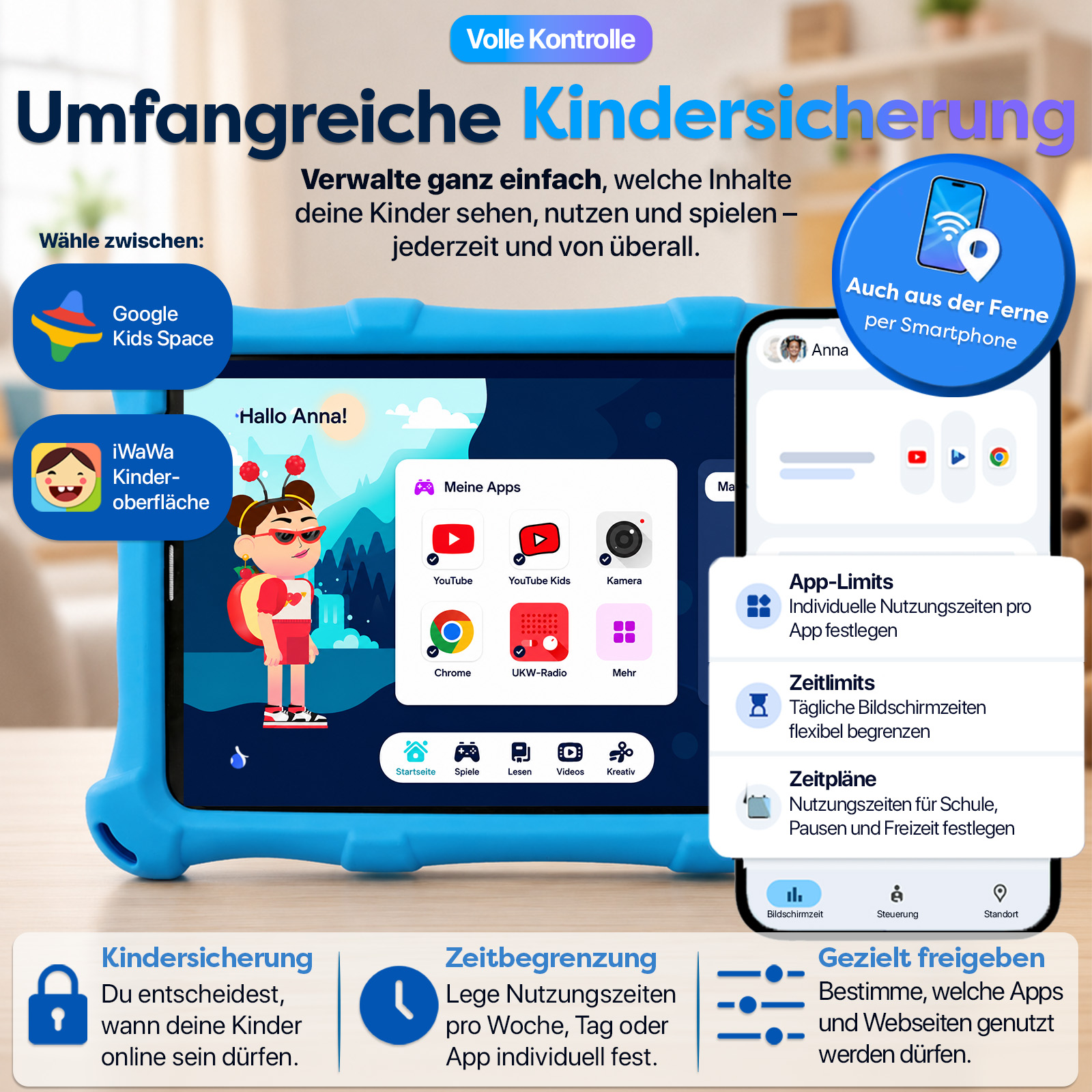 Umfangreiche Kindersicherung auf Tablet & Smartphone, mit App-Limits, Zeitlimits und Zeitplänen.