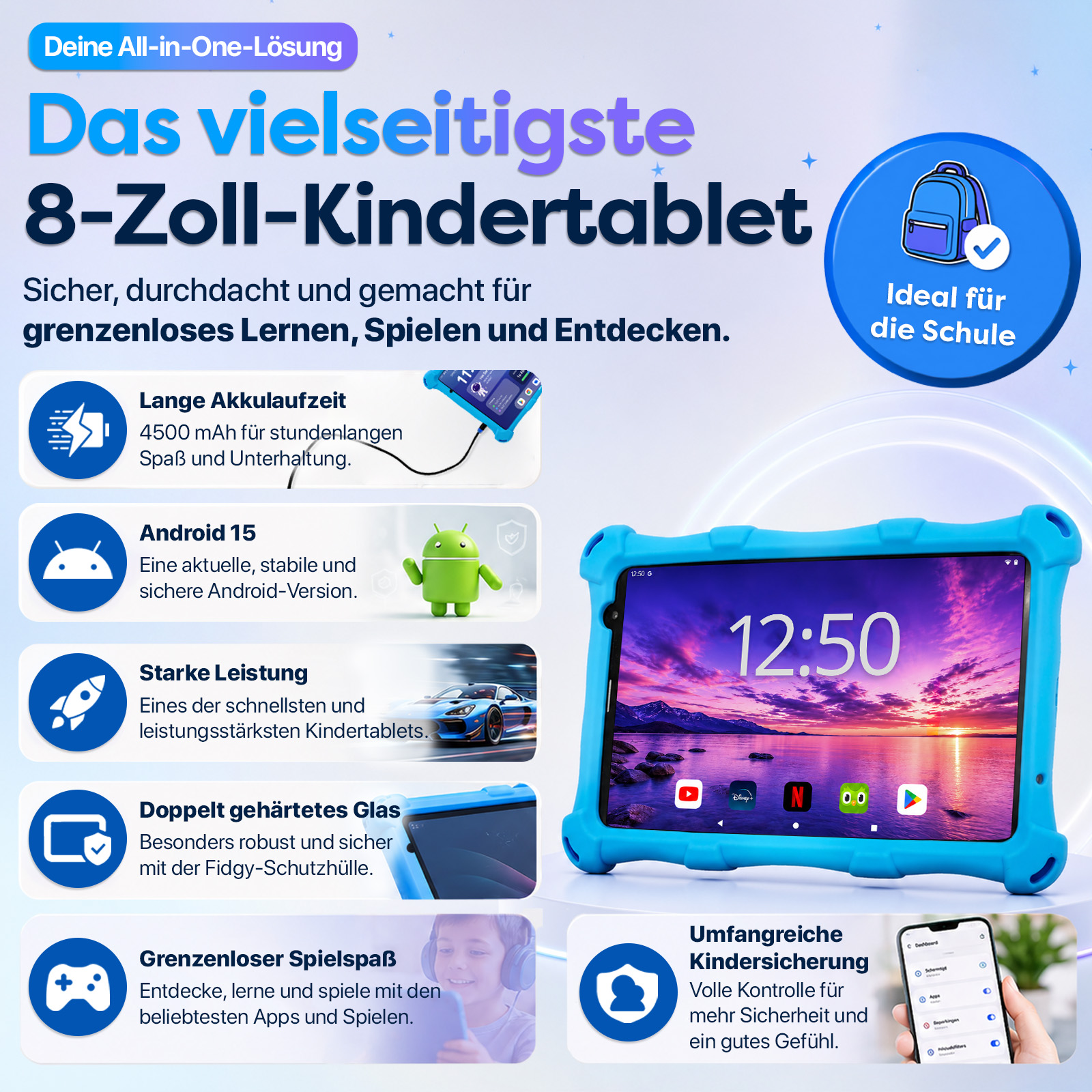 8-Zoll-Kindertablet mit Funktionen wie langer Akkulaufzeit, Android 15, starker Leistung und robustem Glas.