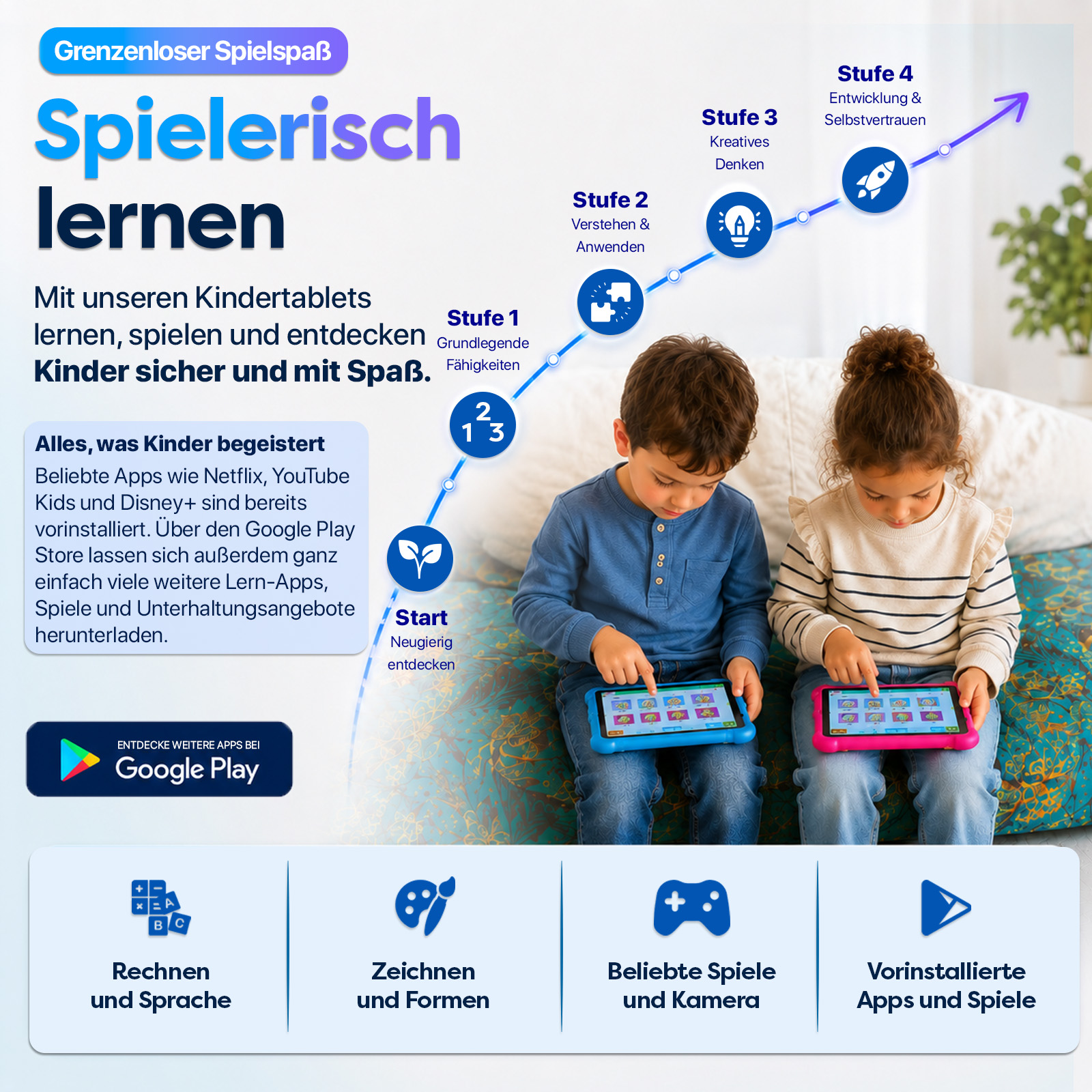 Zwei Kinder lernen spielerisch auf Tablets, mit Lernstufen, Apps und Google Play.