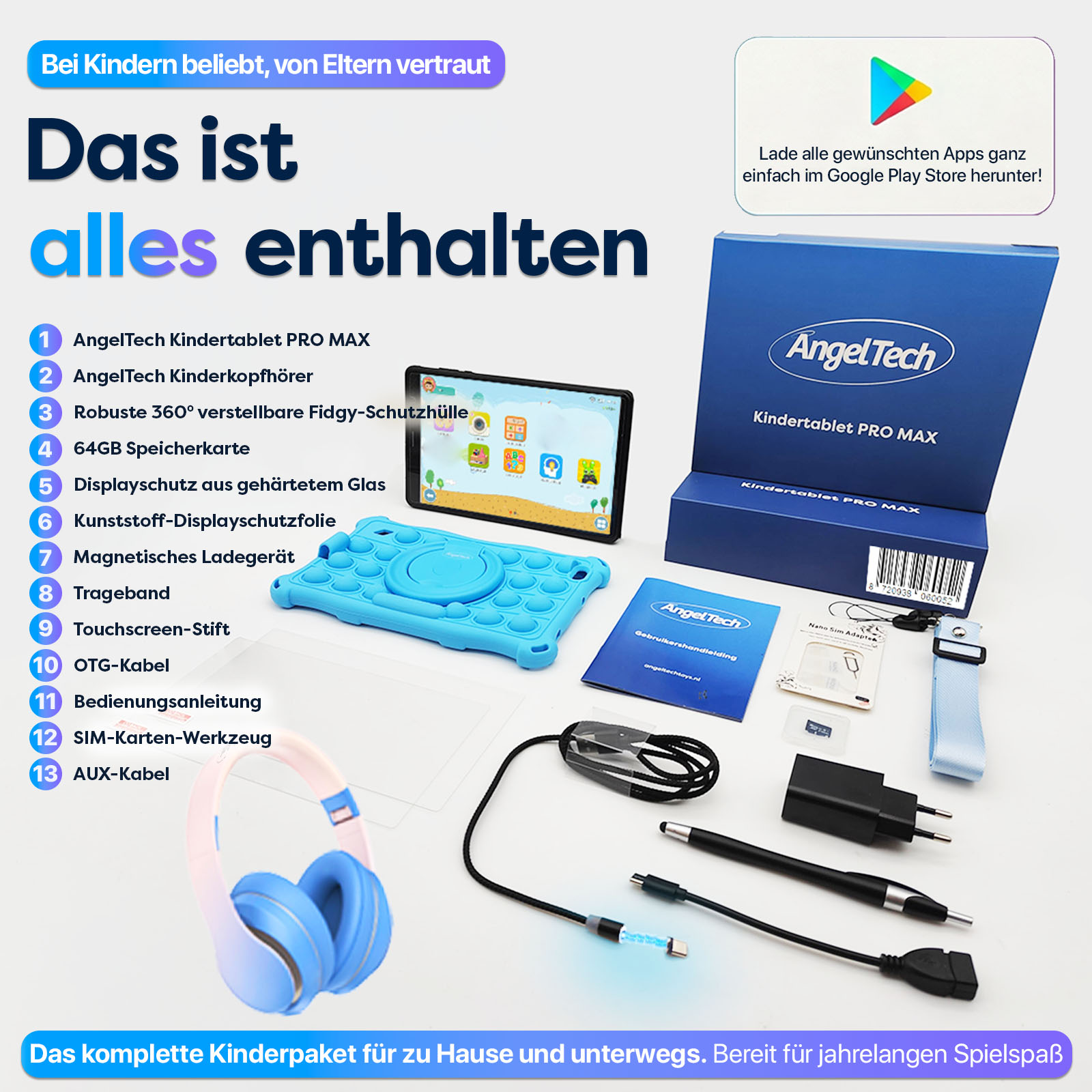 AngelTech Kindertablet PRO MAX Paket mit Zubehör wie Kopfhörern, Hülle, Stift und Kabeln.