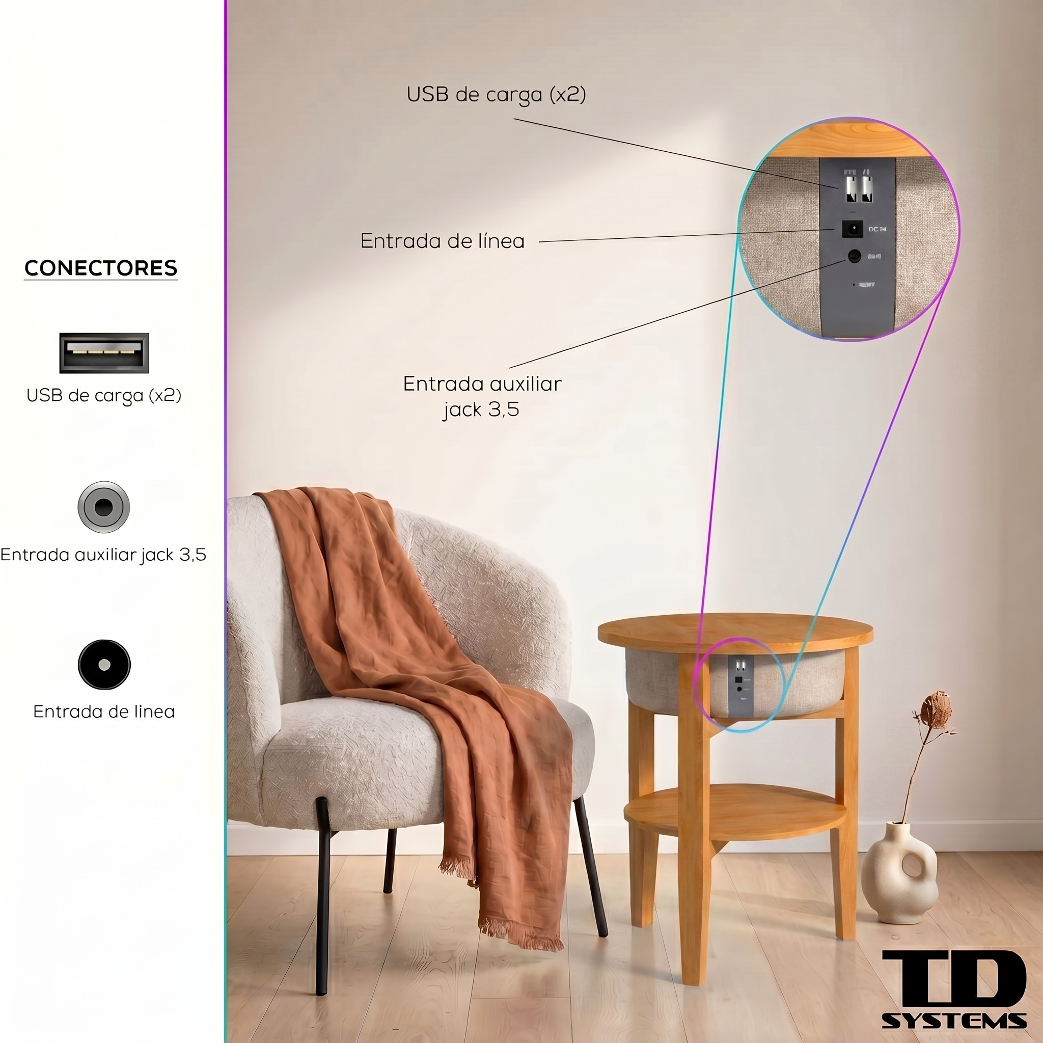 Sillón con manta junto a una mesita auxiliar mostrando varios conectores.