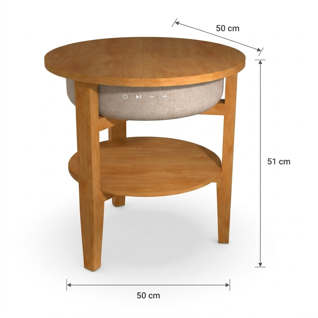Una mesa auxiliar redonda de madera de dos niveles. La parte superior integra un altavoz.
