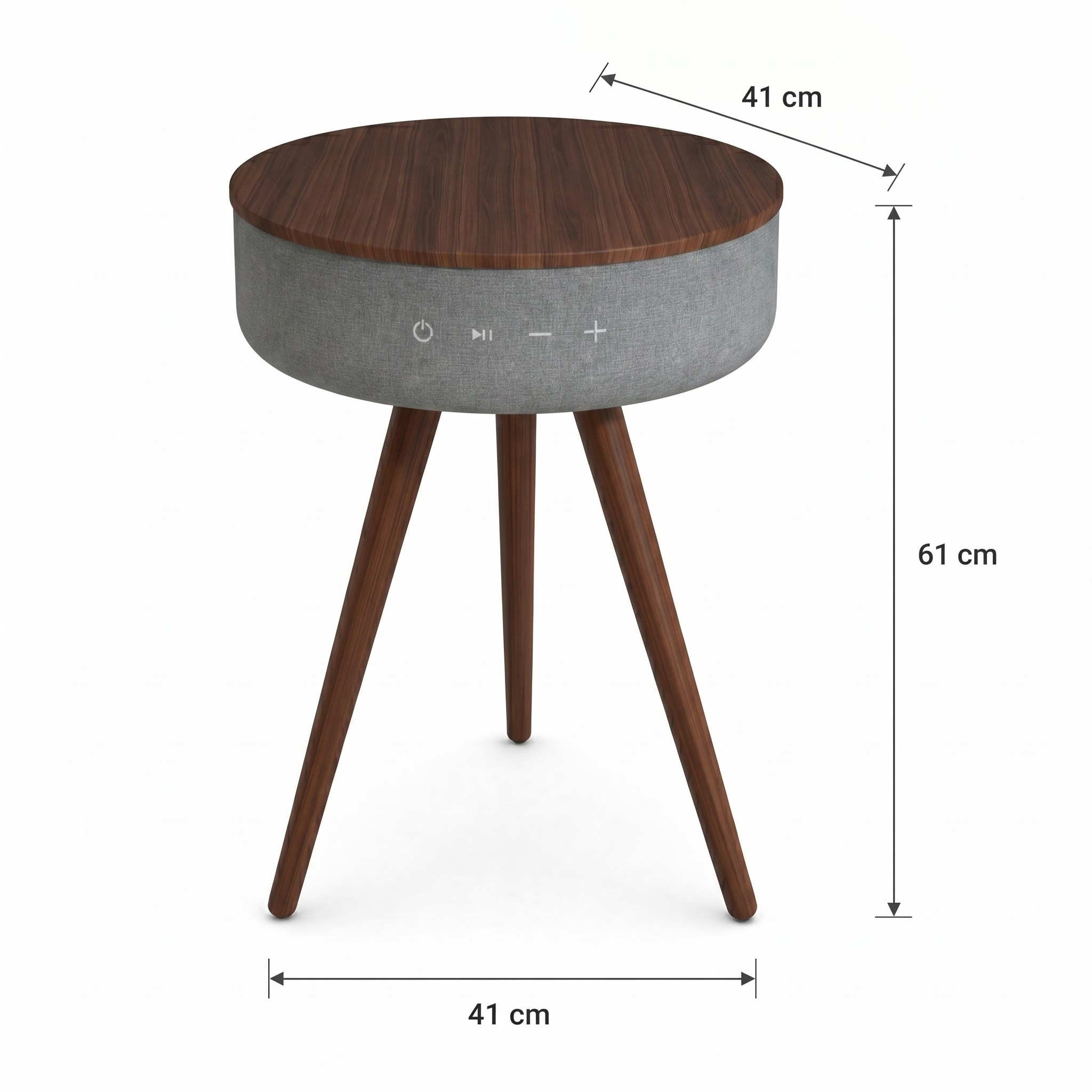 Mesa auxiliar redonda con tapa de madera, cuerpo de tela gris y tres patas de madera. Dimensiones mostradas.