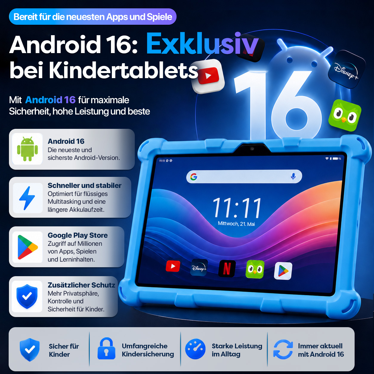 Blaues Kinder-Tablet mit Android 16 Features, Apps und großer 16.