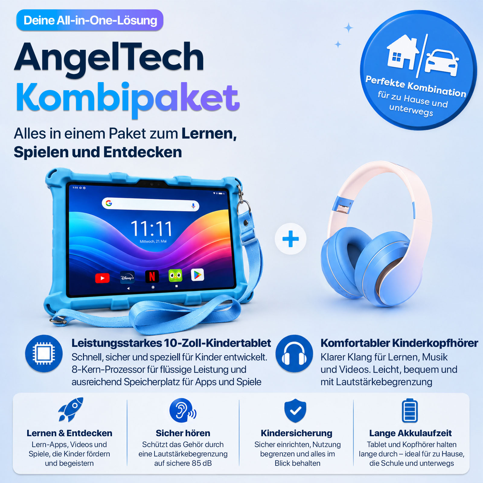 AngelTech Kombipaket: Blaues Tablet mit Kopfhörern. Für Lernen, Spielen, Zuhause & unterwegs.
