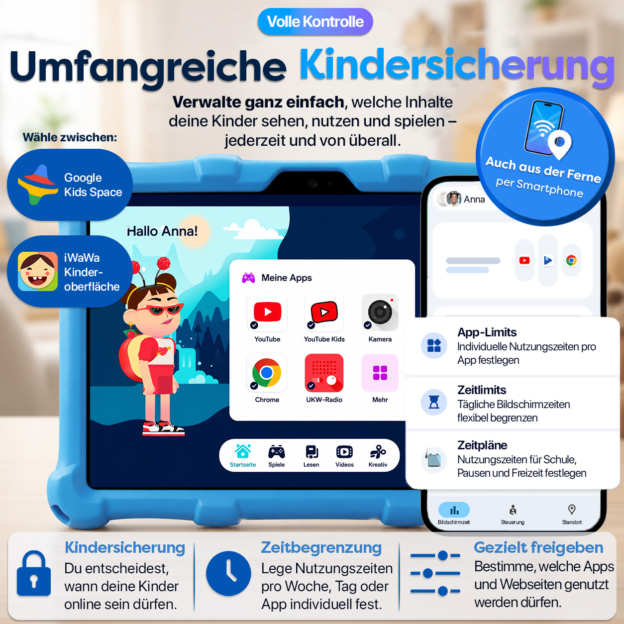 Umfangreiche Kindersicherung auf Tablet und Smartphone mit App-Limits und Zeitplänen.