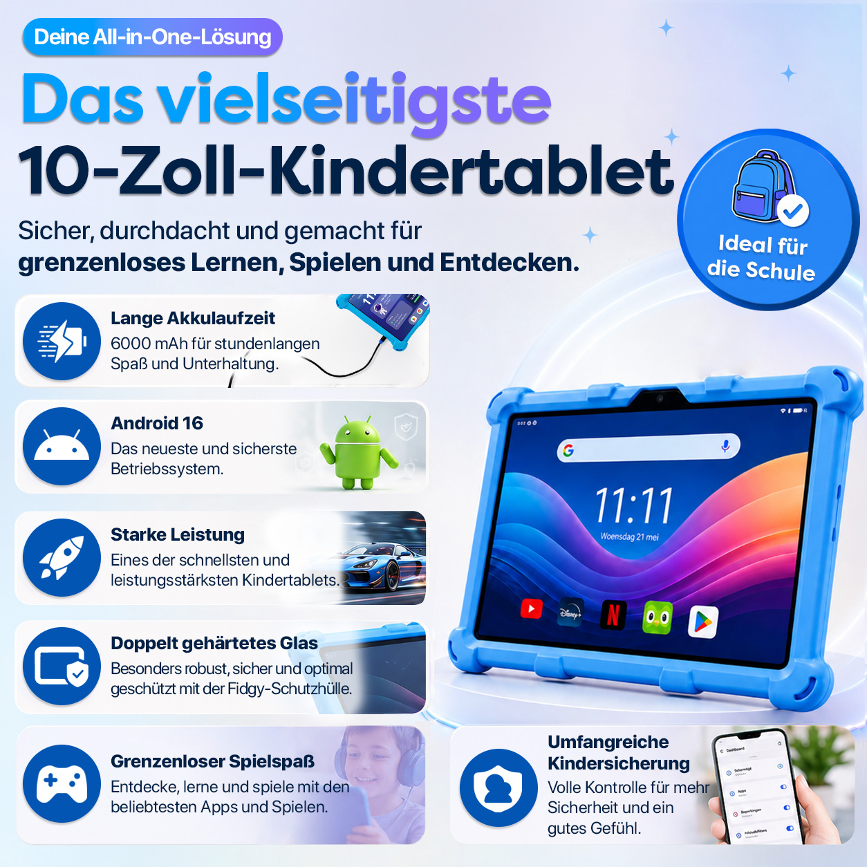 Blaues Kindertablet mit Icons für Akku, Android, Rakete, Glas und Controller.