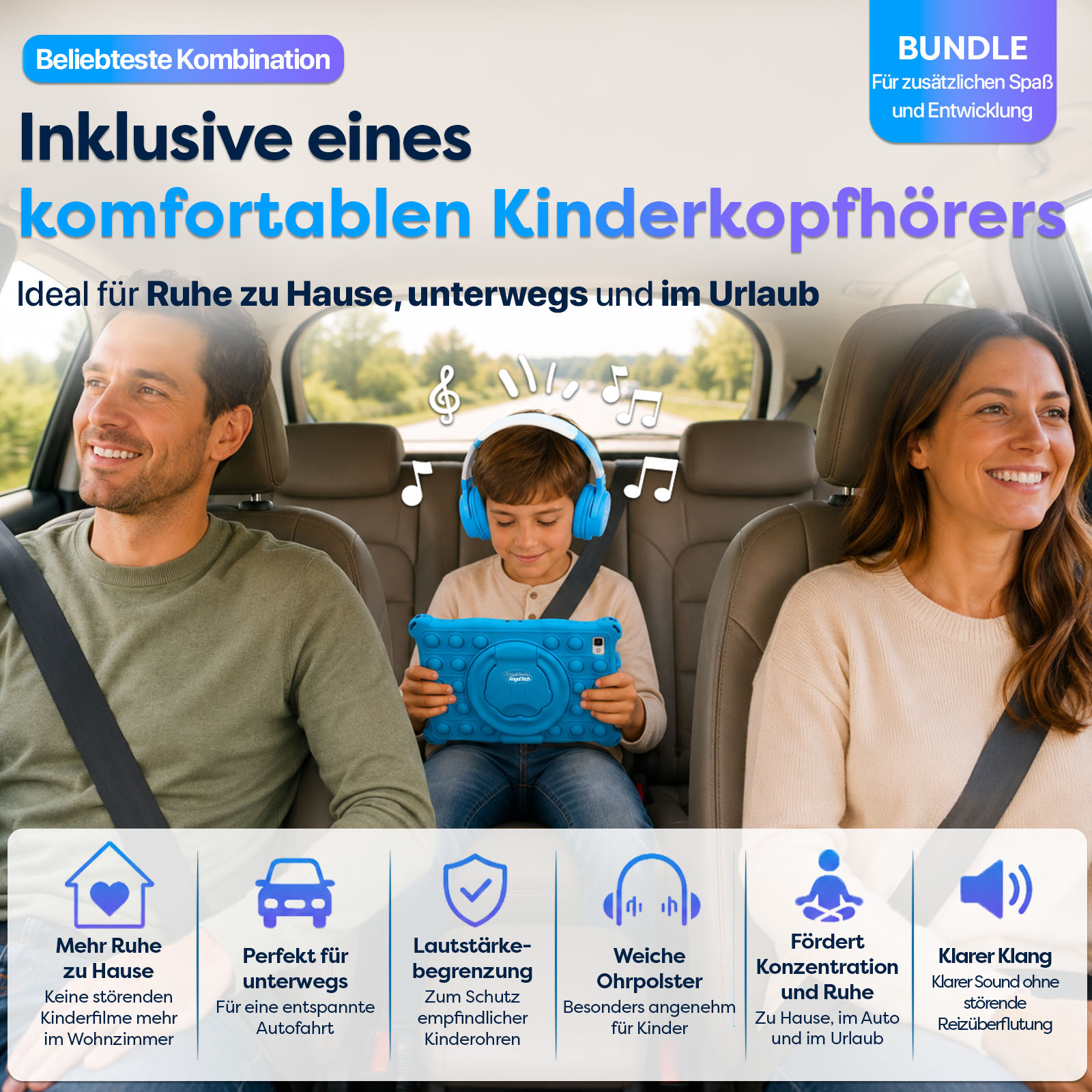Familie im Auto: Kind hört Musik mit Kopfhörern, Eltern lächeln.