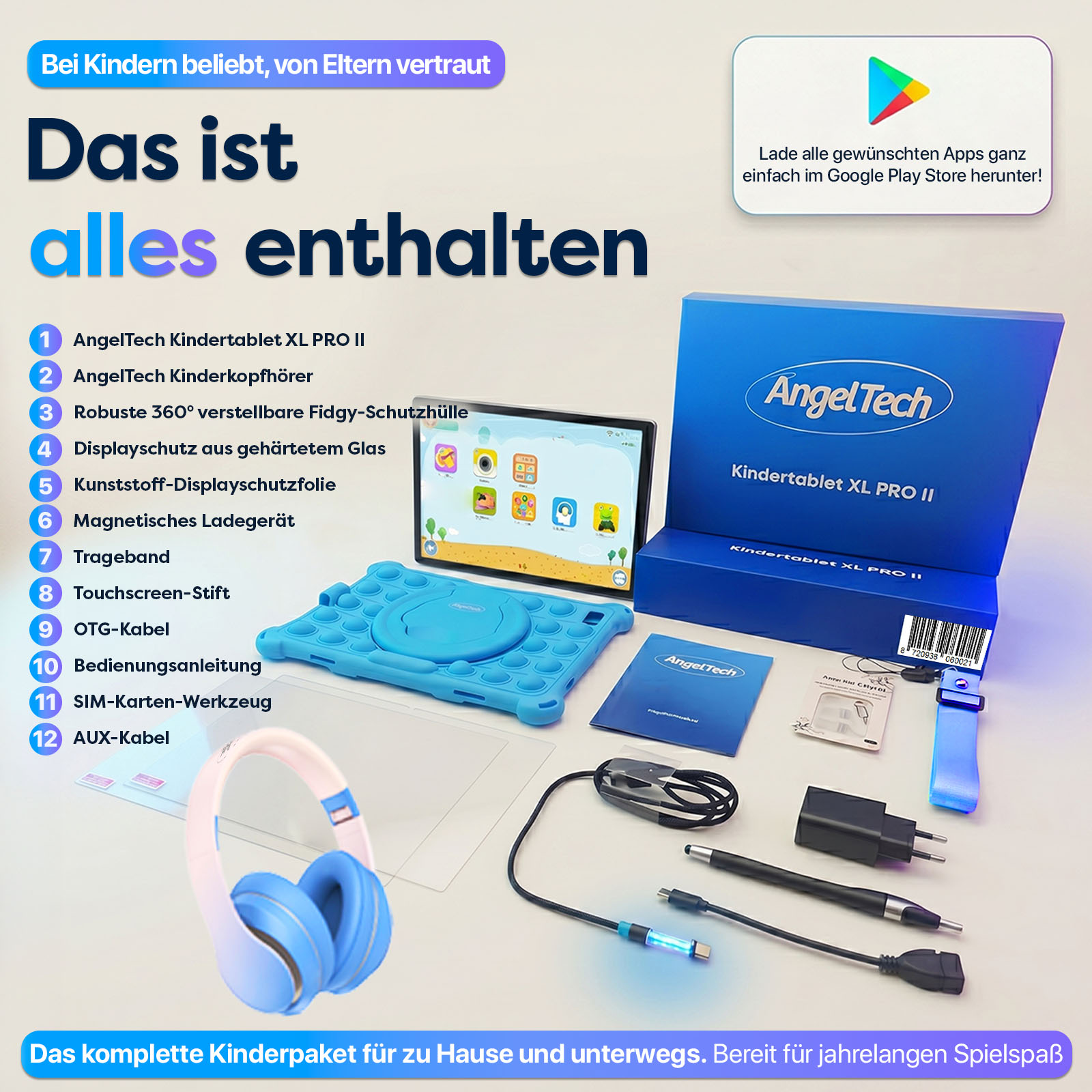 Ein AngelTech Kindertablet XL PRO II mit Zubehör wie Kopfhörern, Hülle, Stift und Ladegerät.
