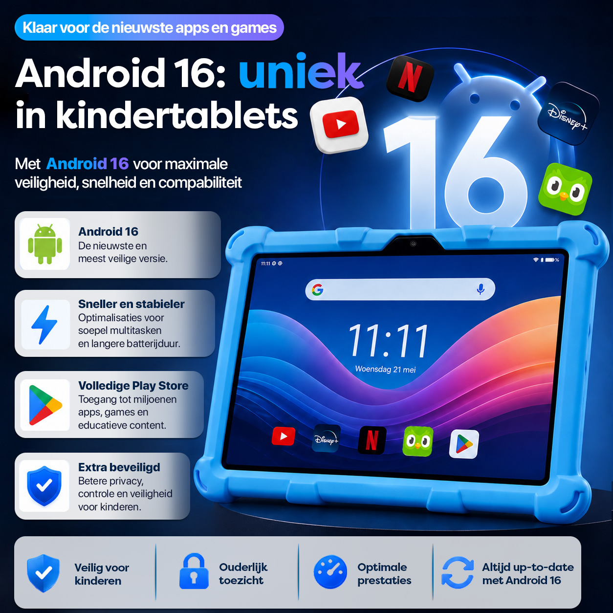 Blaues Tablet mit Android 16, App-Icons und Text über Sicherheit und Leistung.