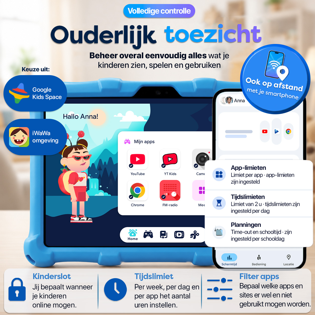 Tablet zeigt Kindersicherung: App-Limits, Zeitlimits, Zeitpläne, Kindersperre.