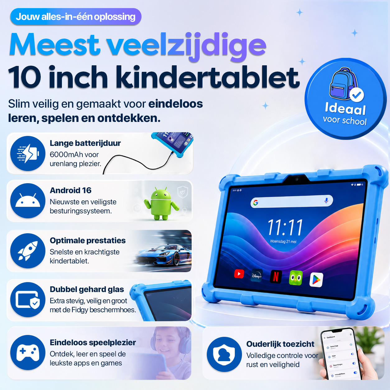 Ein blaues Kinder-Tablet mit Schutzhülle, das Android 16, lange Akkulaufzeit und Apps anzeigt.