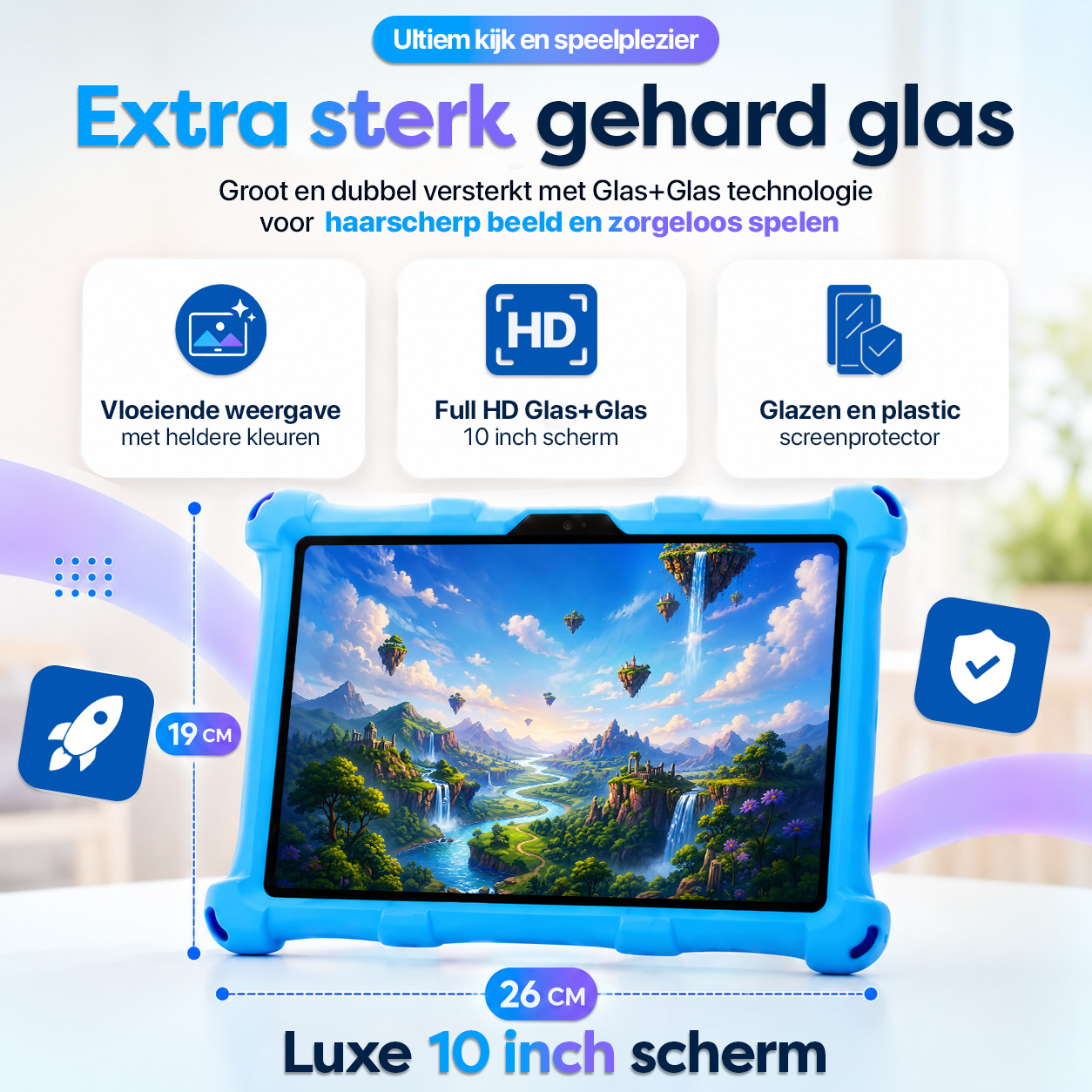 Blaues Tablet mit HD-Landschaft, Maße 19x26cm. Starkes Glas.