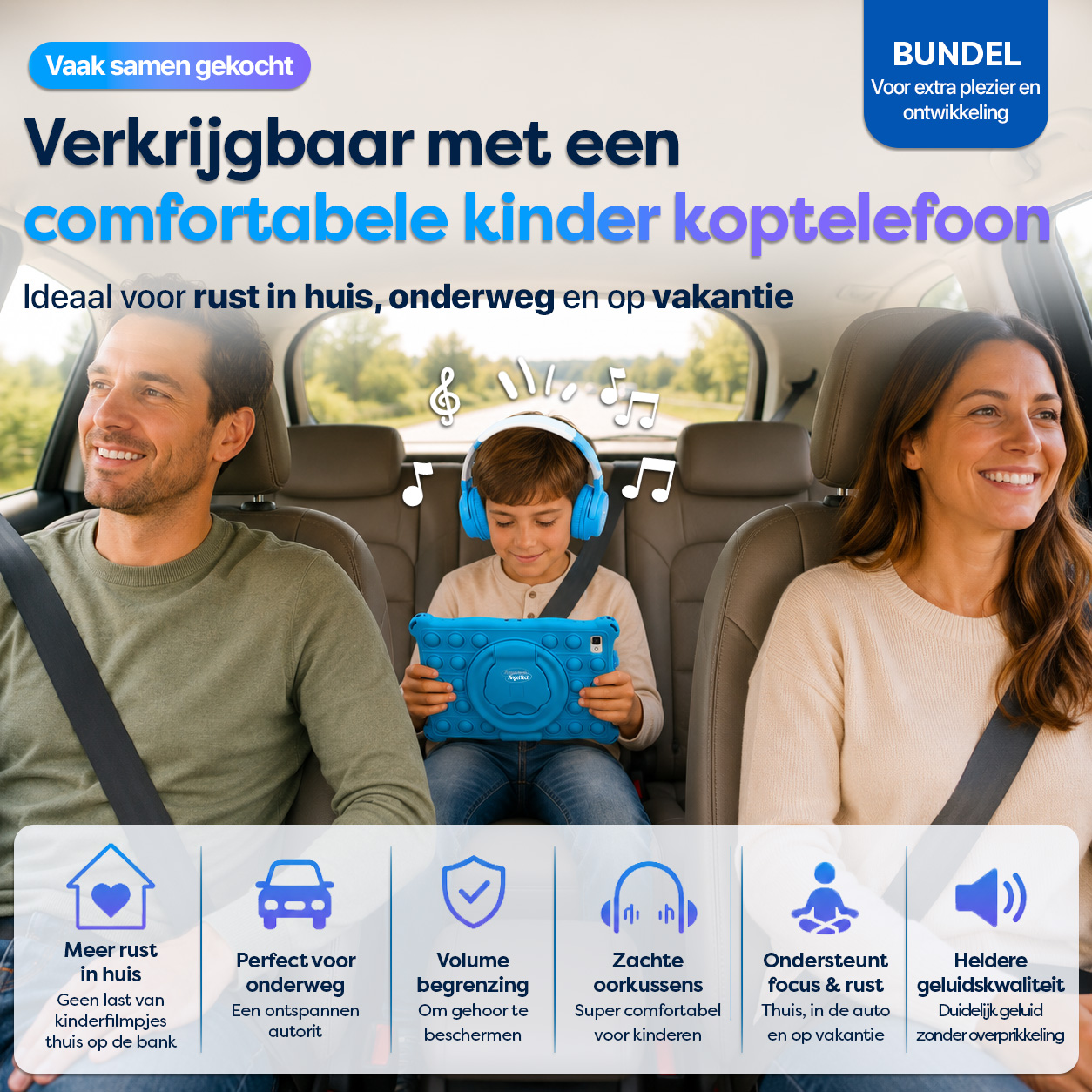 Familie im Auto mit Kopfhörern und Tablet. Fokus auf Kind und Eltern.