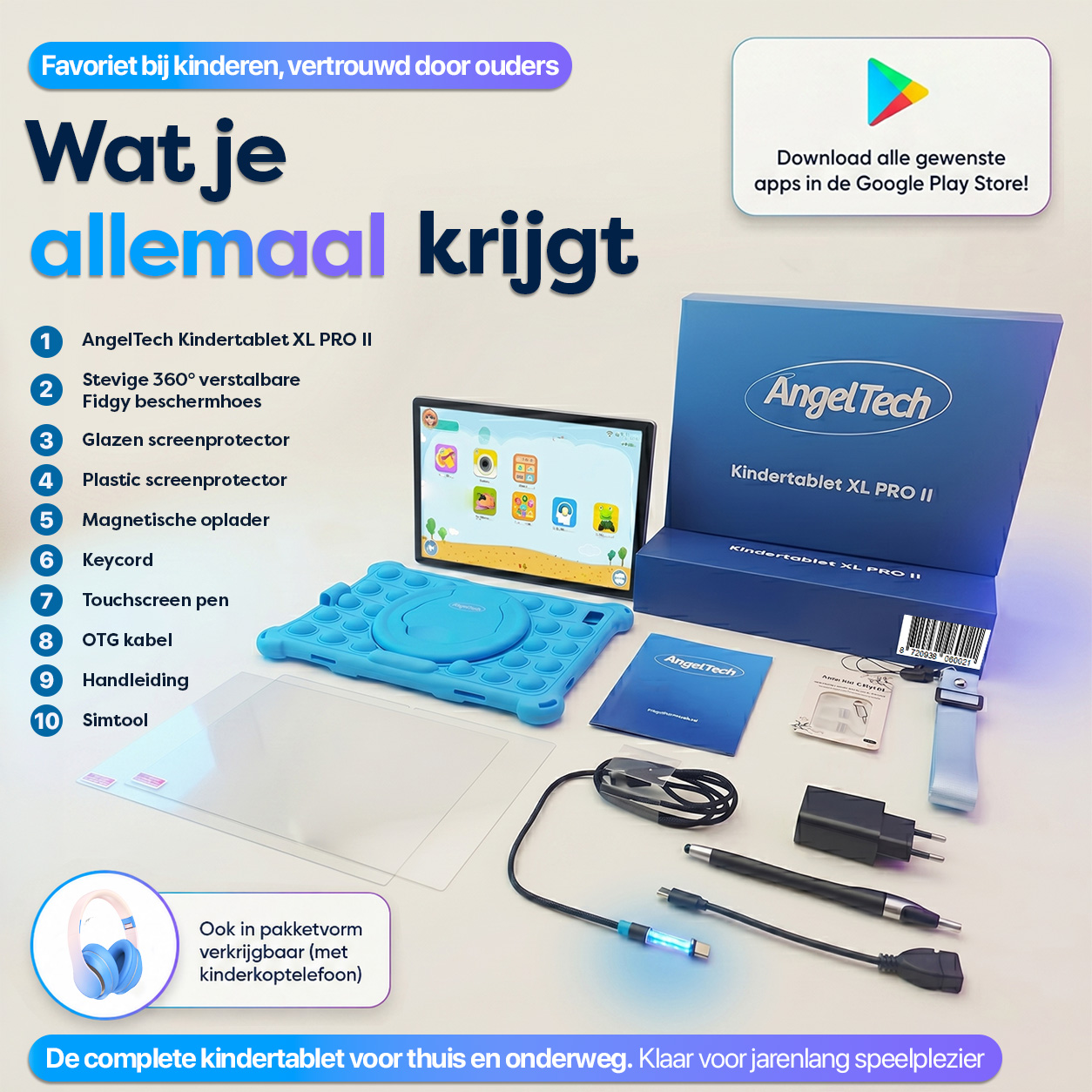 AngelTech Kindertablet XL PRO II mit Zubehör: Tablet, Hülle, Displayschutzfolien, Ladegerät, Stift.