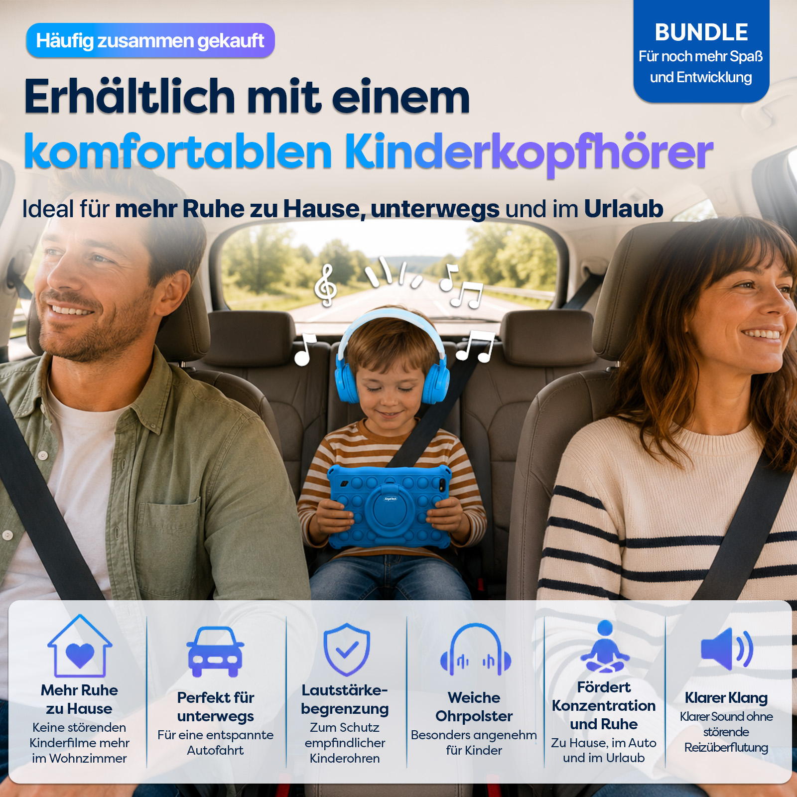 Familie im Auto mit Kopfhörern und Tablet. Kinderkopfhörer für Ruhe.