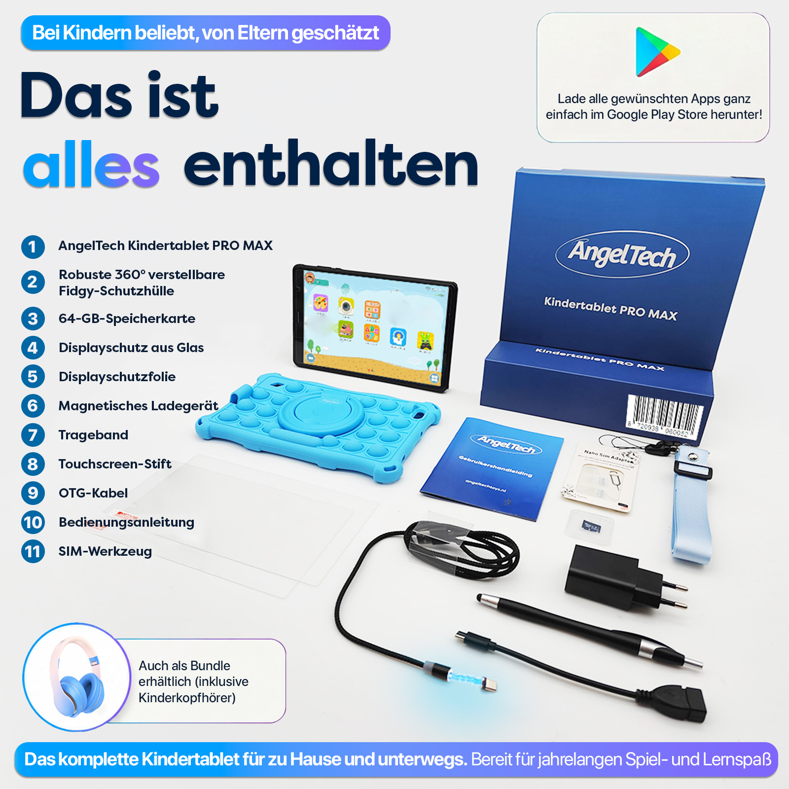 AngelTech Kindertablet Pro Max mit Zubehör: Tablet, Hülle, Ladekabel, Stift.