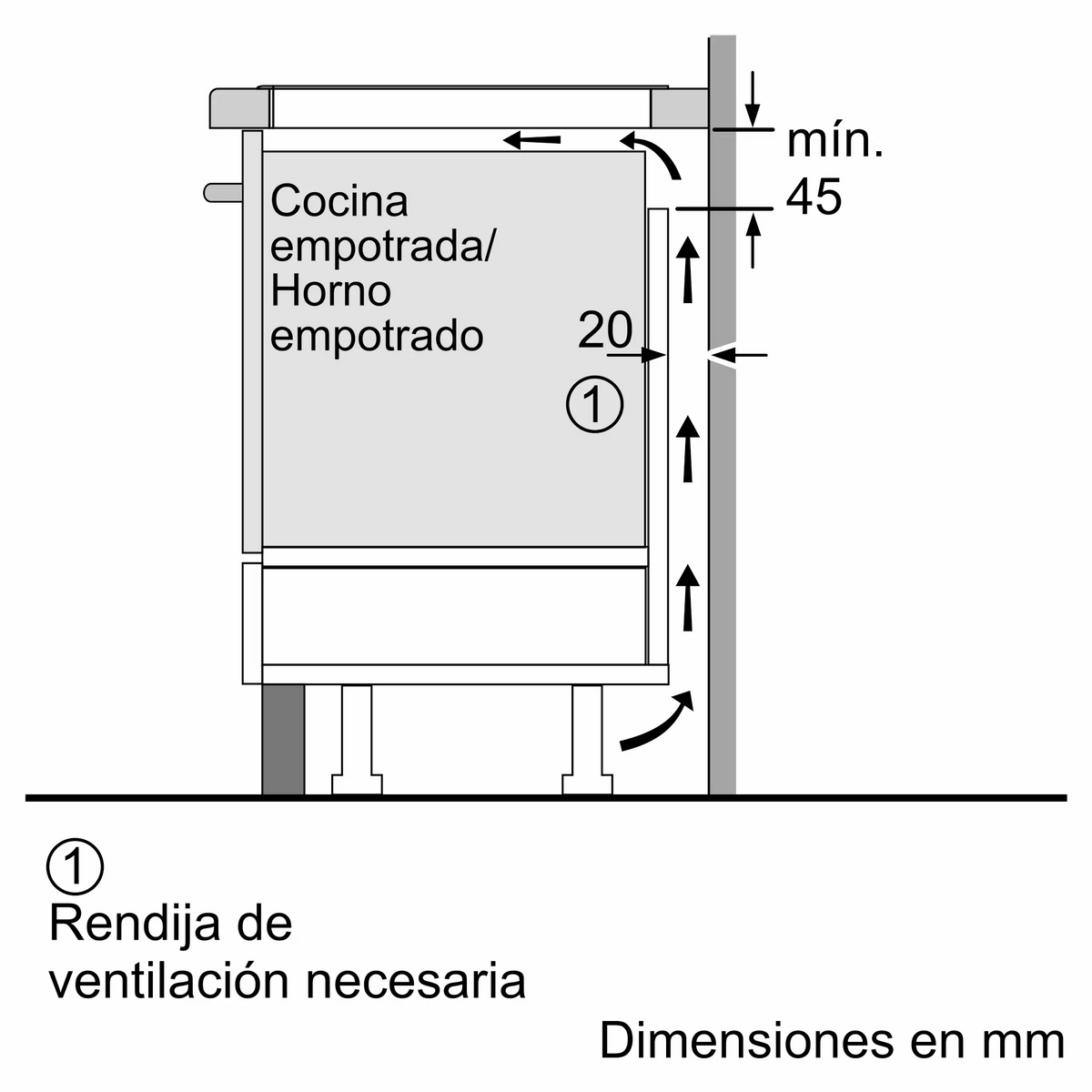 Cocina/horno empotrado con rendija de ventilación. Dimensiones en mm.