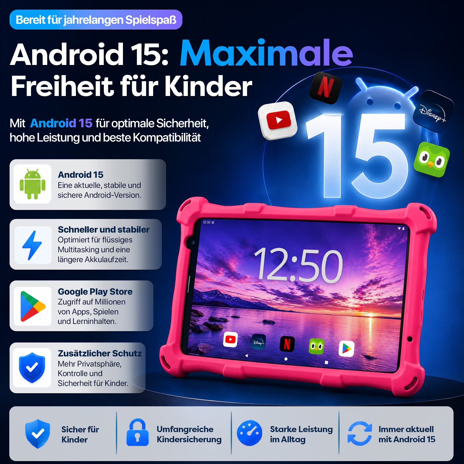 Ein pinkfarbenes Tablet mit Android 15, App-Symbolen und Text.