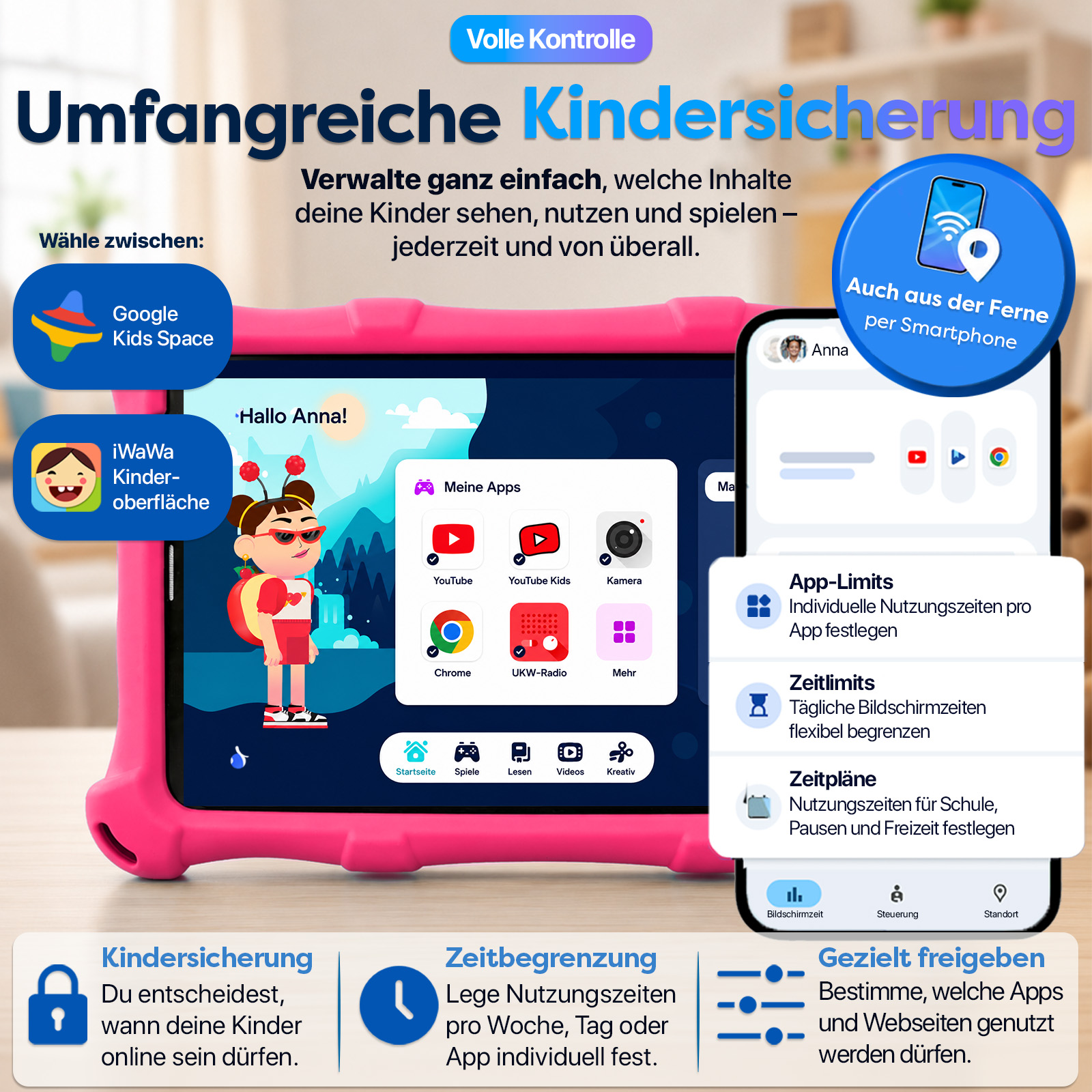 Umfassende Kindersicherung mit App-Limits, Zeitlimits und Zeitplänen auf Tablet und Smartphone.