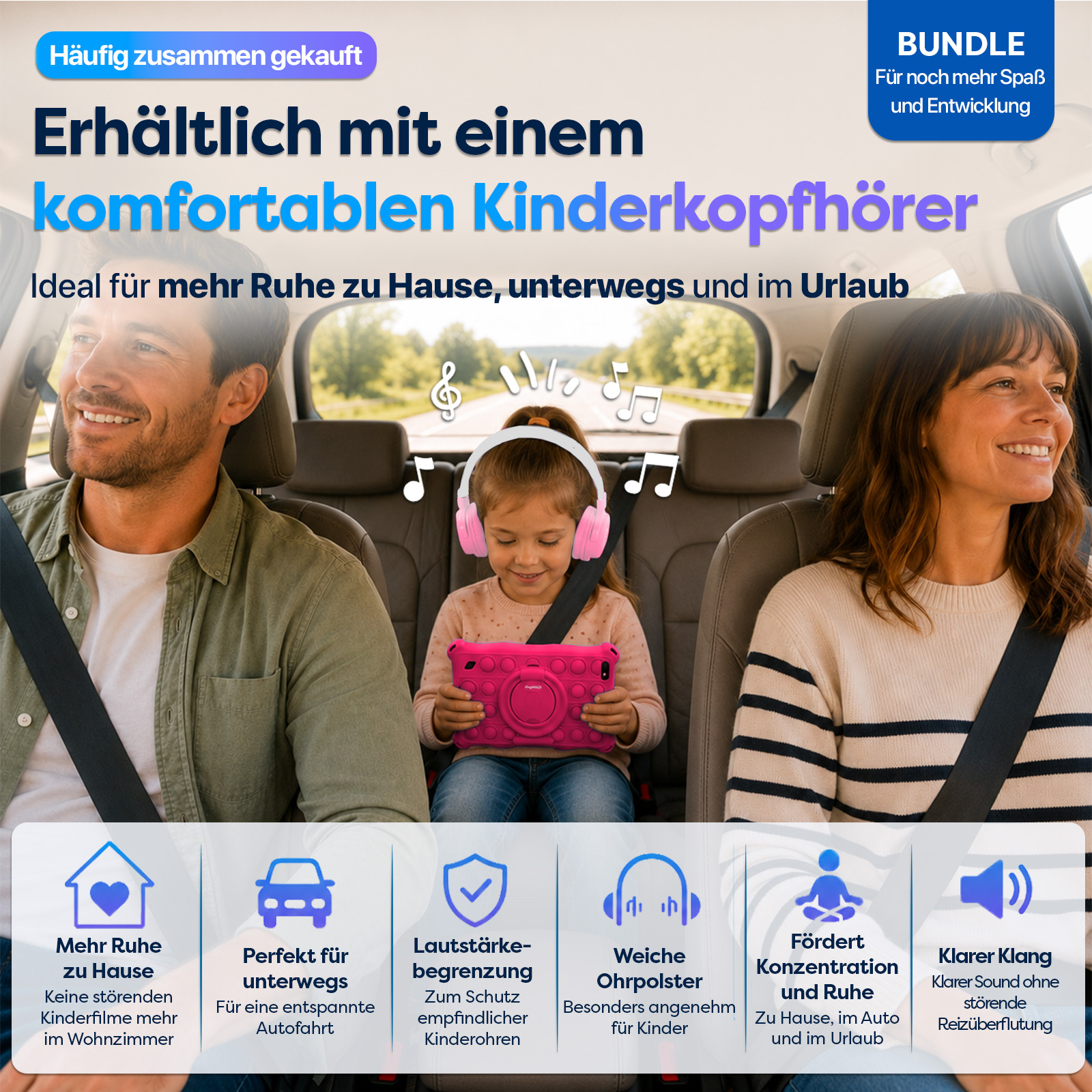 Familie im Auto mit Kopfhörern. Kind hält ein Tablet. Bieten Ruhe und Komfort.