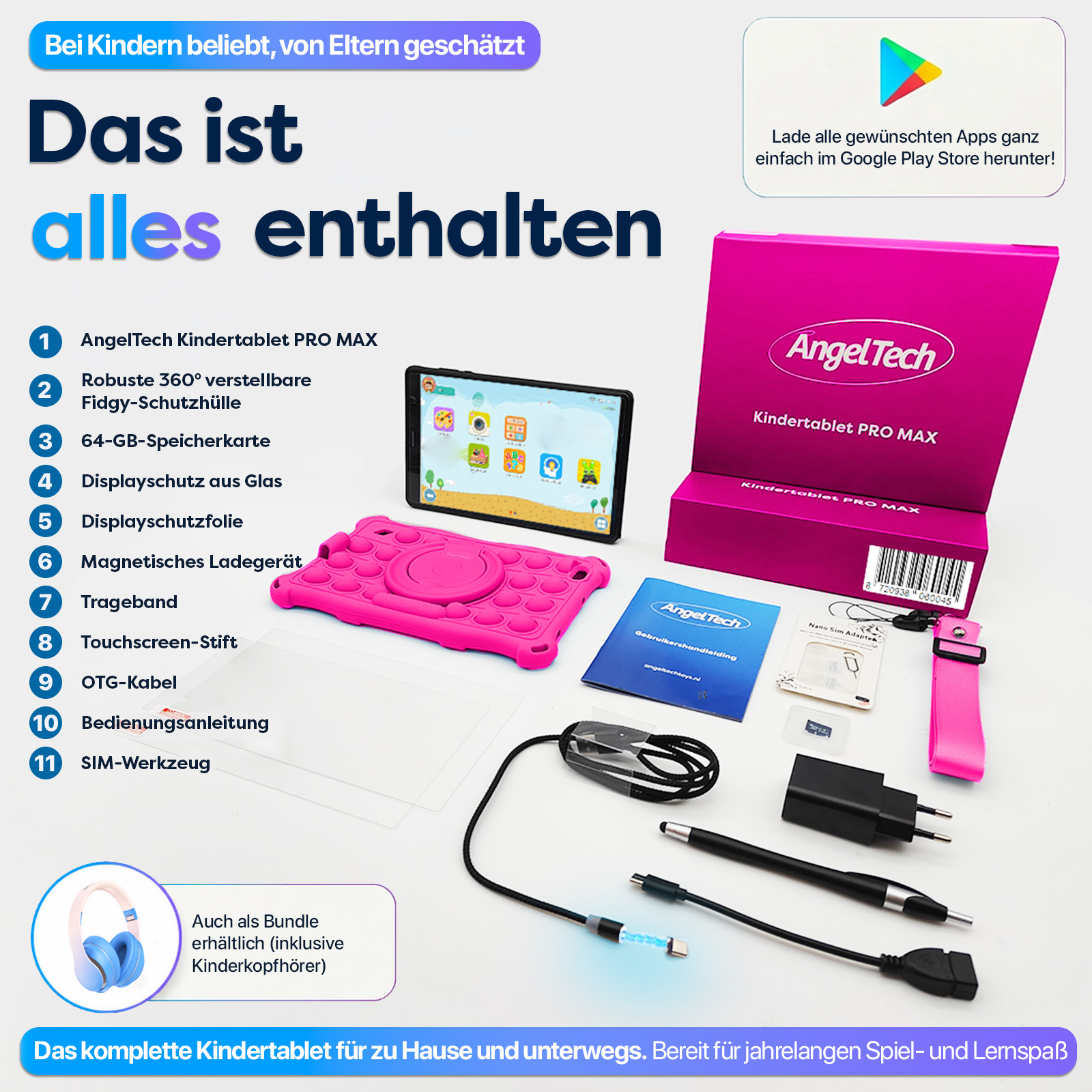 Ein AngelTech Kindertablet PRO MAX mit pinker Hülle, Zubehör und Ladeadapter.