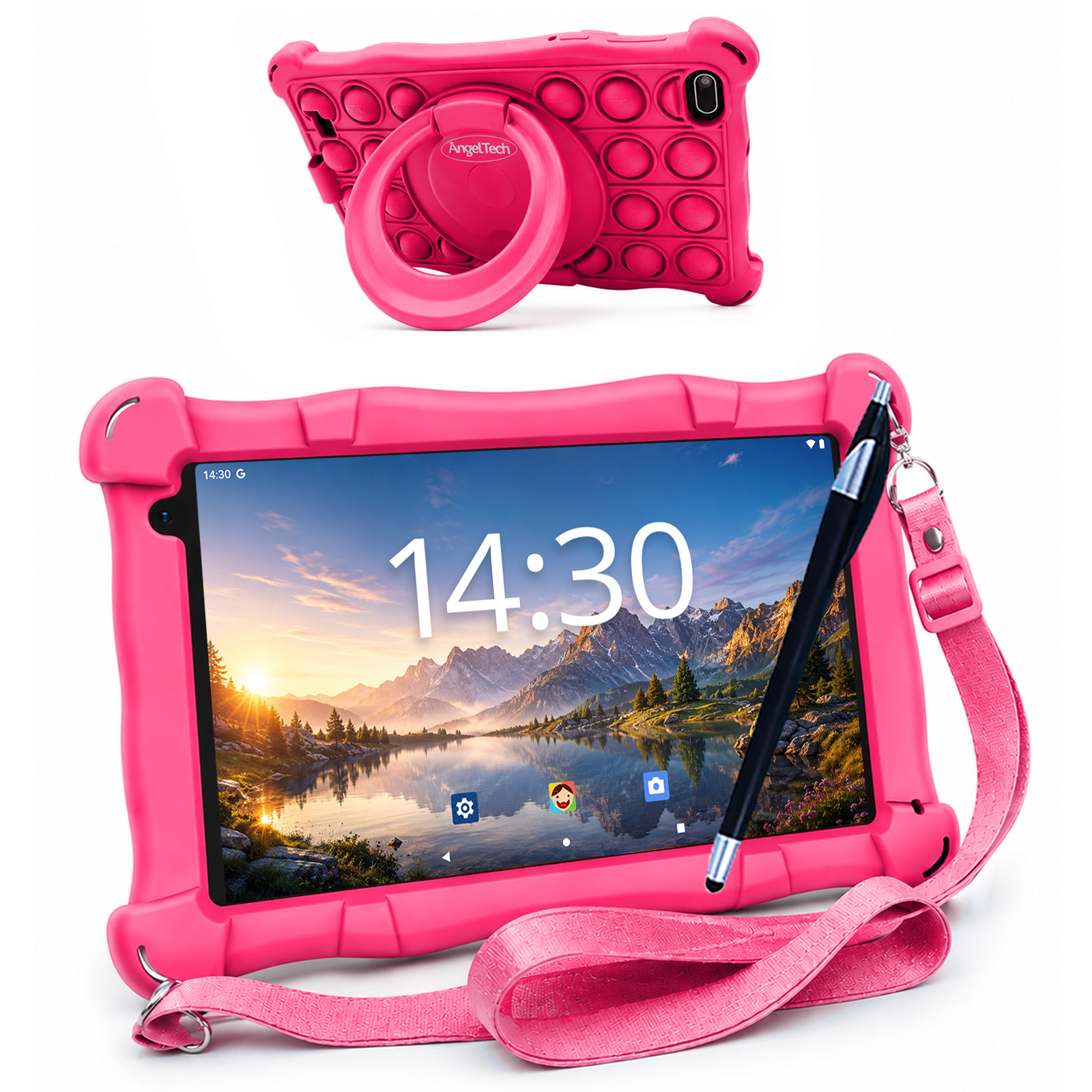 Ein pinkes Tablet mit Pop-It-Hülle, Stift und Tragegurt. Auf dem Bildschirm ist eine Berglandschaft zu sehen.