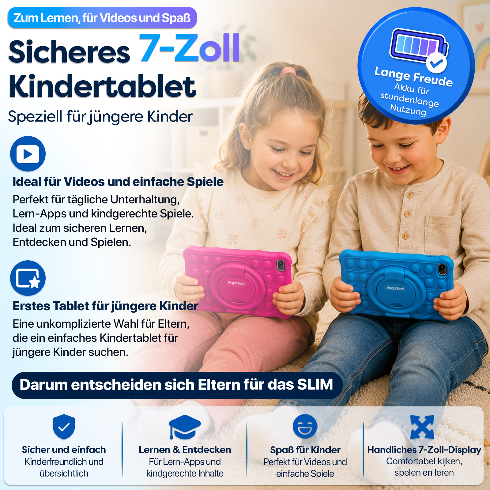 Zwei Kinder halten Tablets, eins pink, eins blau. Text hebt sichere Features hervor.