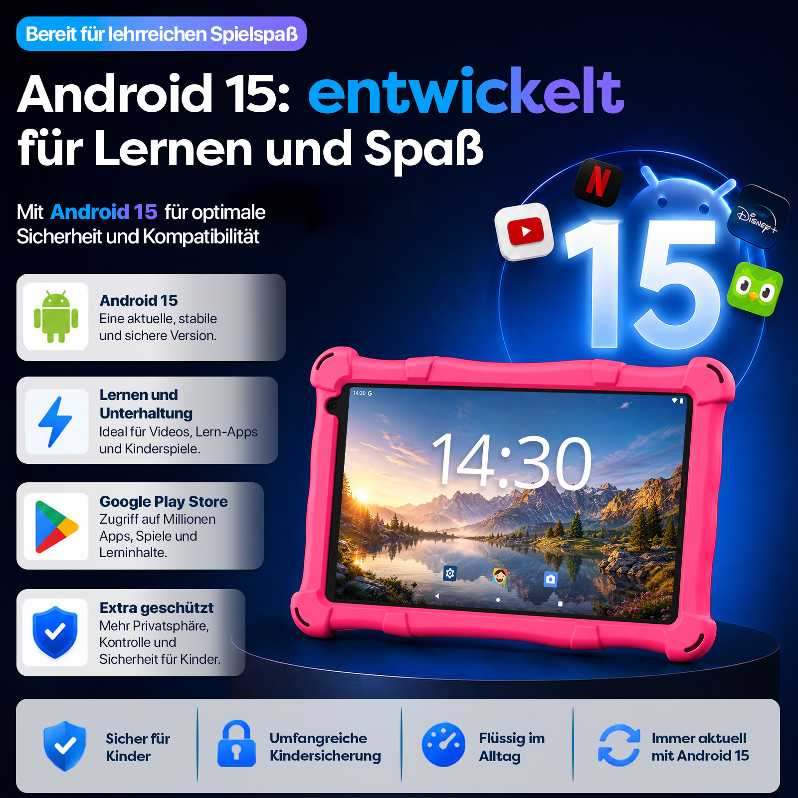 Ein pinkes Tablet mit Android 15, App-Icons und Text über Funktionen.