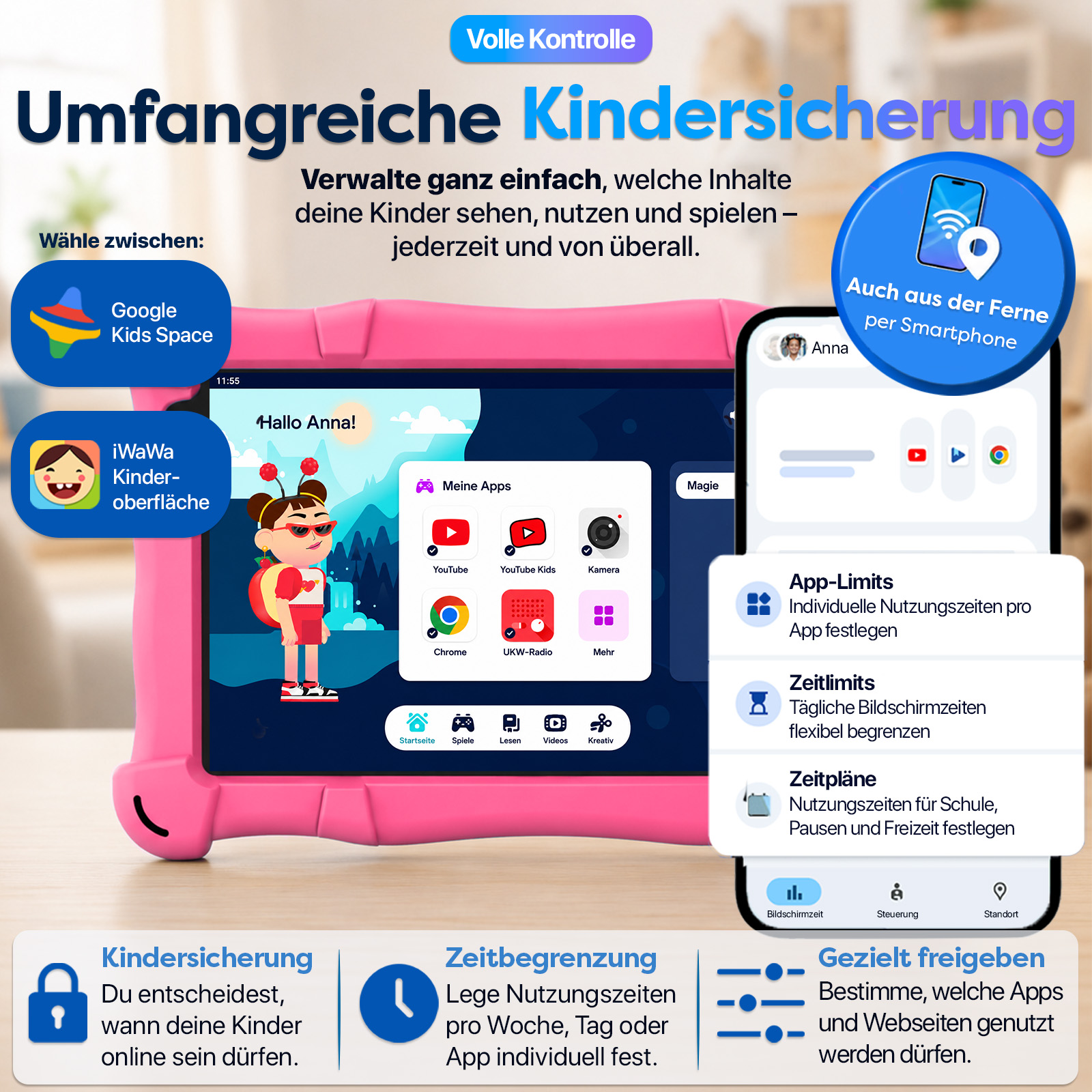 Ein pinkes Tablet zeigt eine Kinder-Oberfläche mit Apps. Daneben ist ein Smartphone mit Einstellungen.