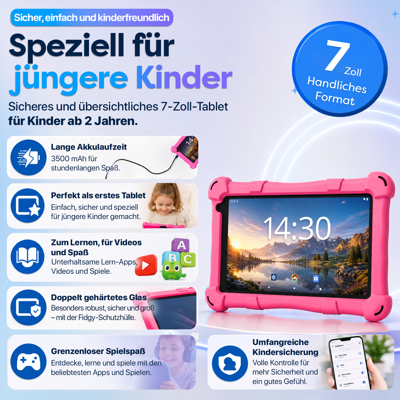 Ein pinkes Tablet mit stoßfester Hülle, das für Kinder beworben wird. Zeigt Funktionen wie Akkulaufzeit, Lerninhalte und Kindersicherung.