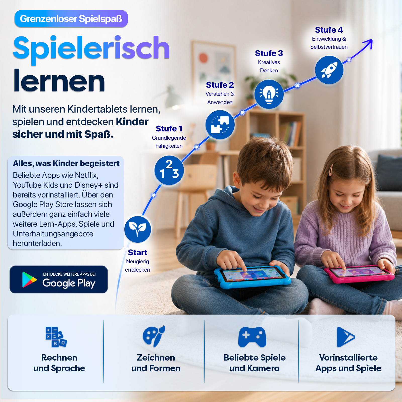 Zwei Kinder sitzen auf dem Boden und spielen auf Tablets. Ein Lernpfad ist abgebildet.