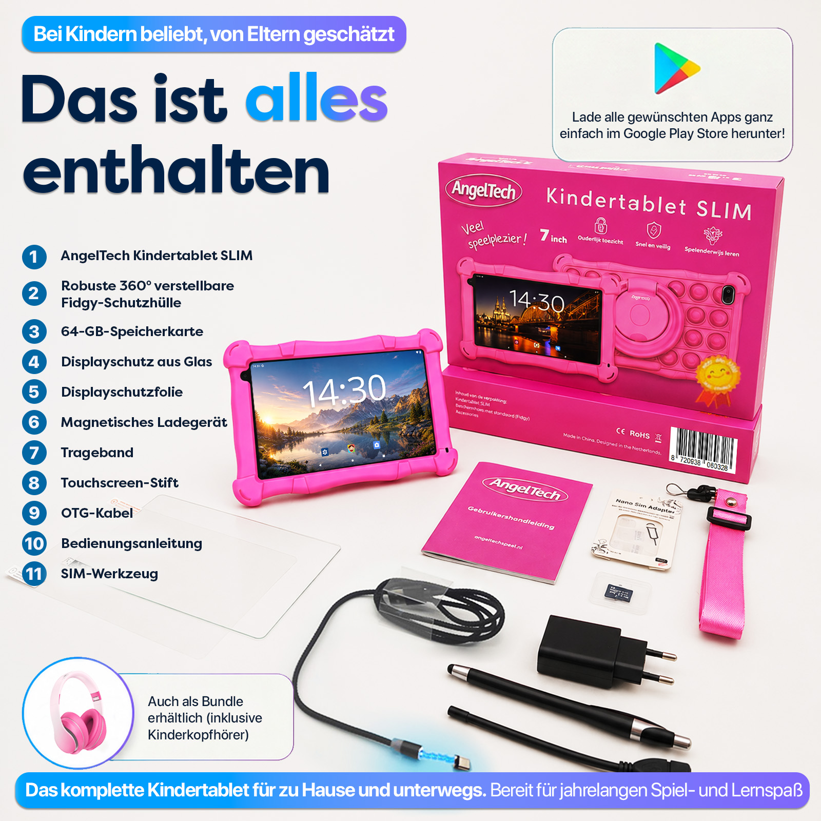 Rosa AngelTech Kindertablet SLIM mit Zubehör: Hülle, Ladegerät, Stifte, Kabel, Anleitung.