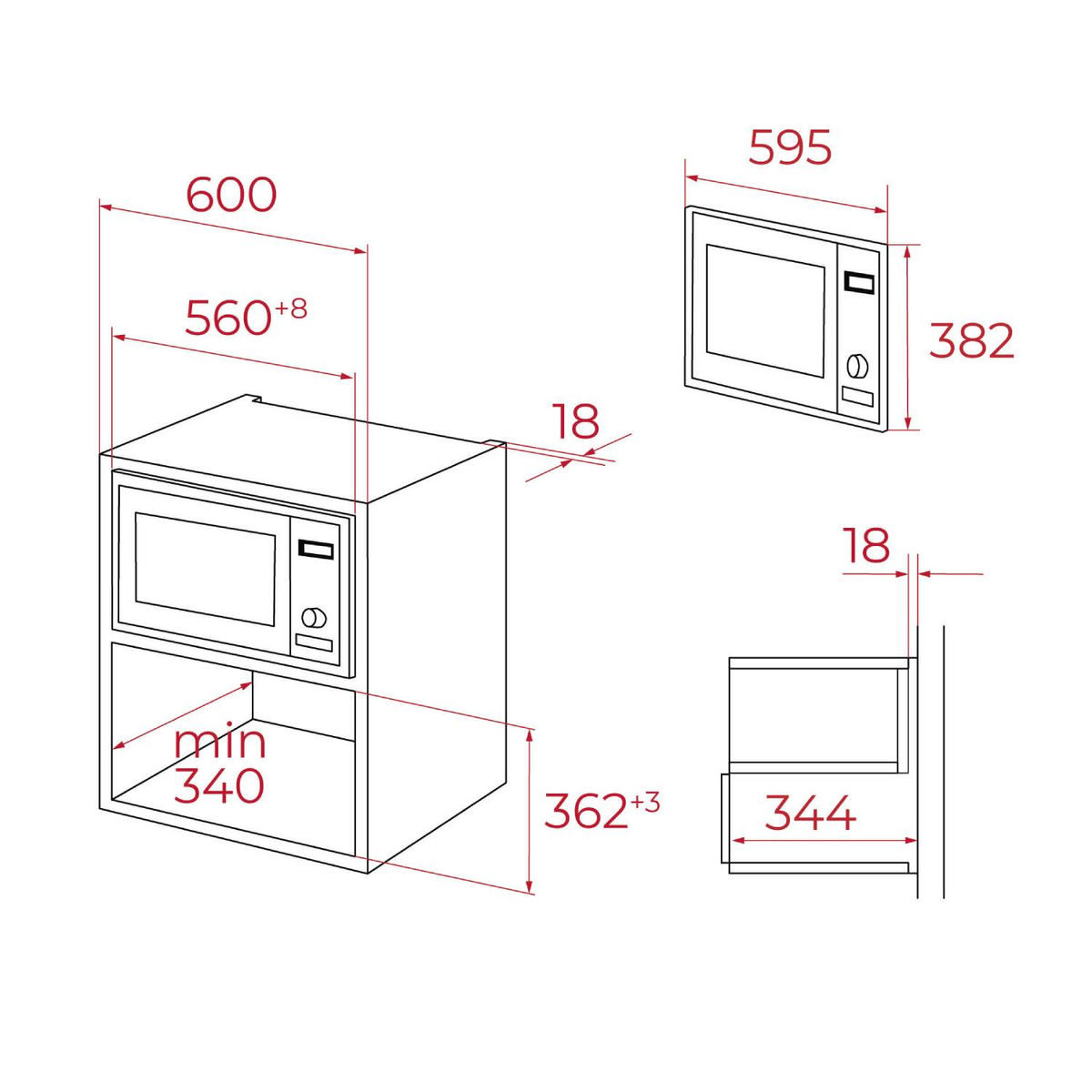 Dibujo técnico de un horno empotrable con dimensiones.