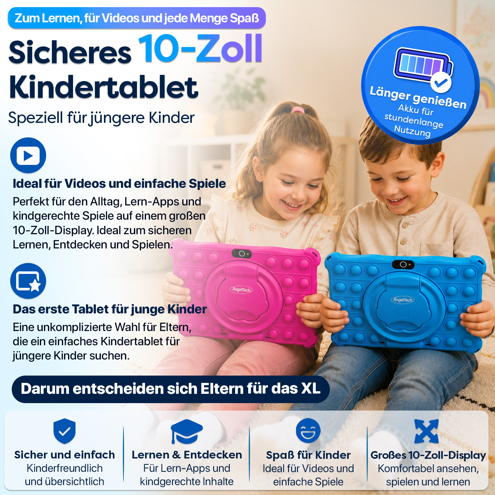 Zwei Kinder halten bunte Tablets. Ein blauer und ein pinker Tablet mit Pop-it-Hülle.