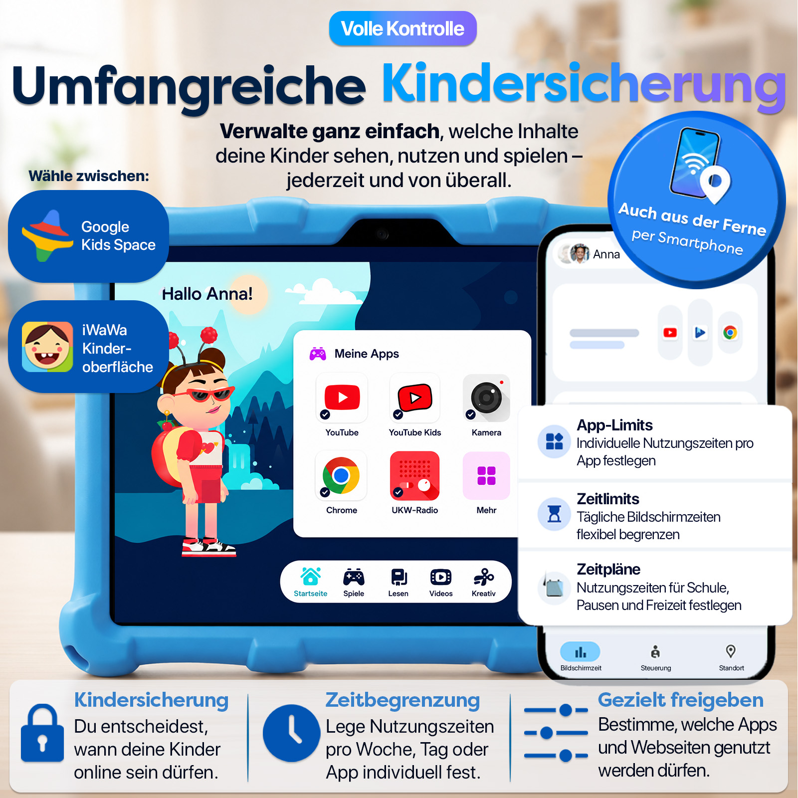 Tablet mit Kindersicherung: Apps, Zeitlimits, Fernzugriff per Smartphone.